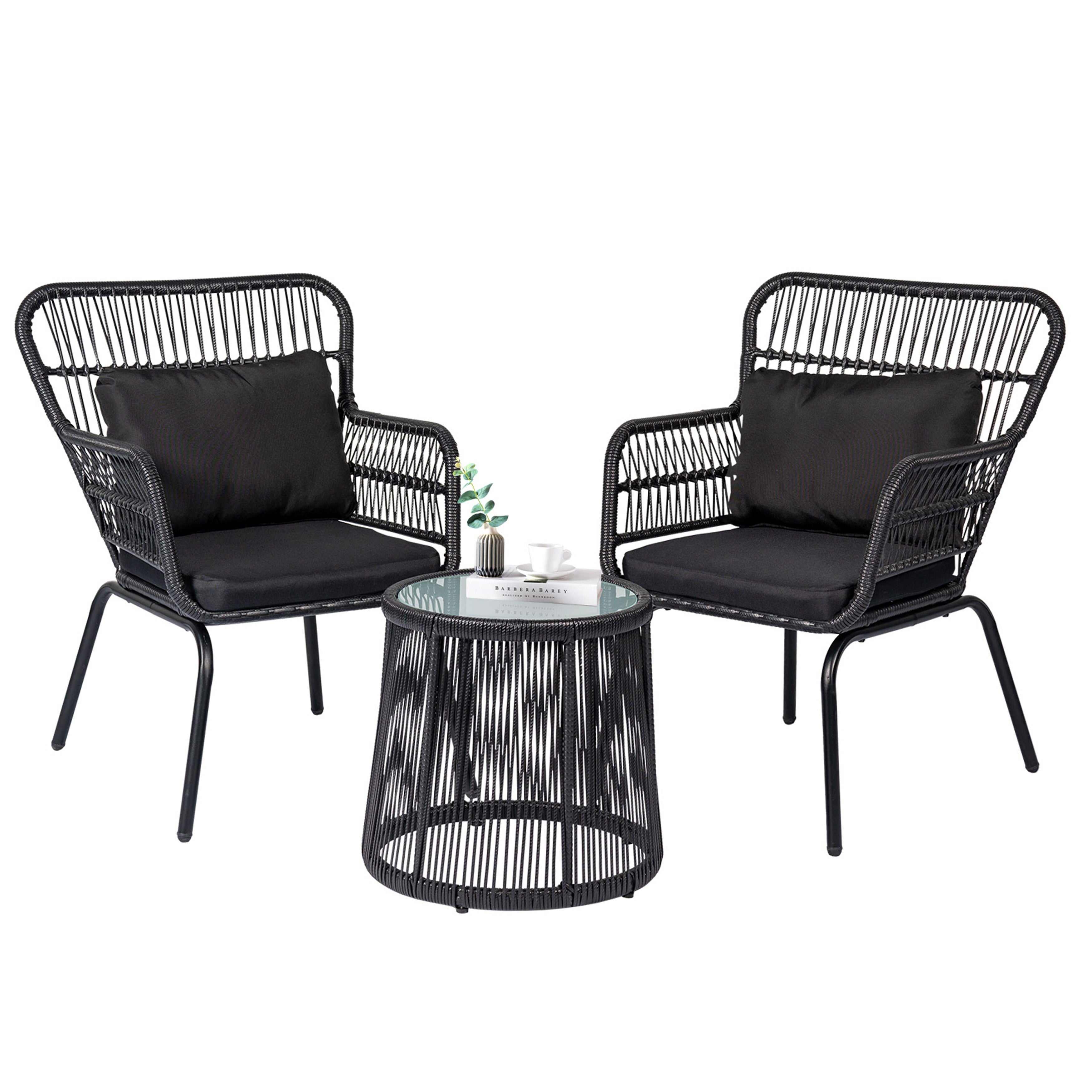 3 Piece Outdoor Wicker Conversation Bistro Set, All-Weather Rattan Furniture Patio Chairs Set with Cushions
