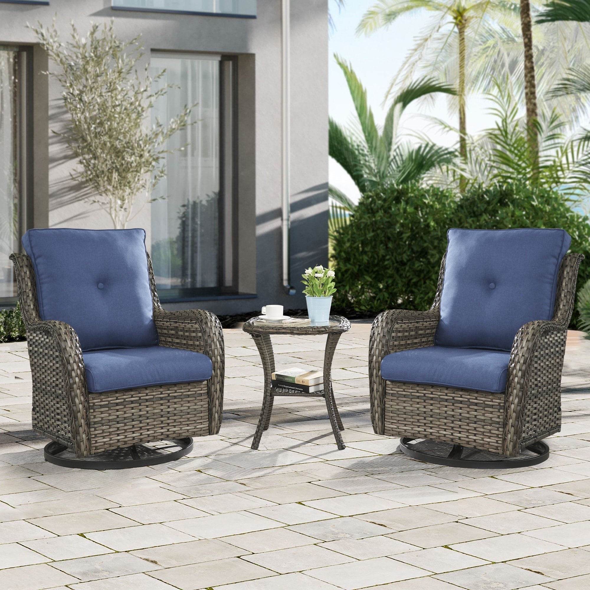 Gymojoy 3 Piece Outdoor Wicker Swivel Rocker with Cushion & Table