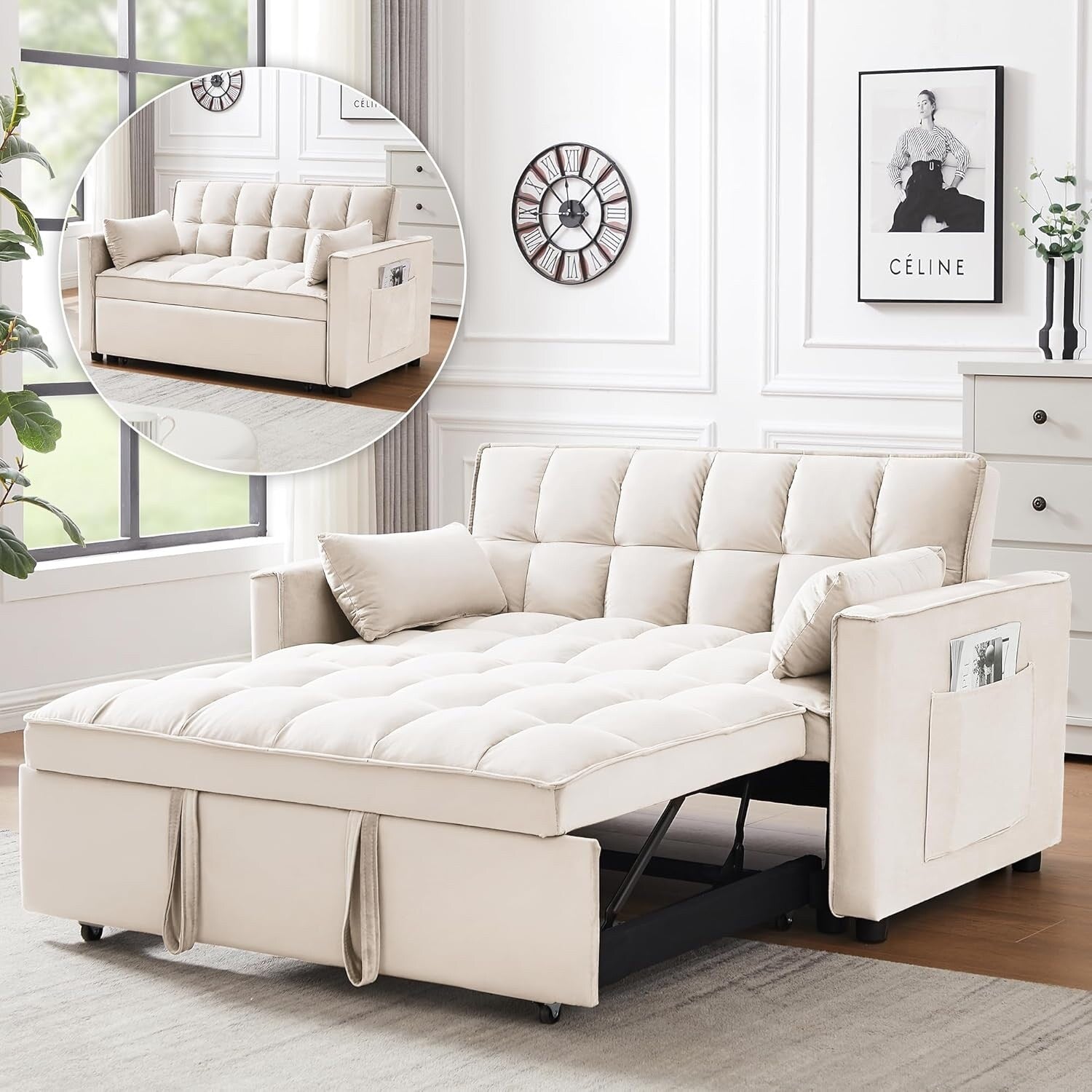 3-in-1 Convertible Sleeper Sofa Bed - Velvet Futon Couch with Adjustable Backrest & Side Pocket for Small Spaces