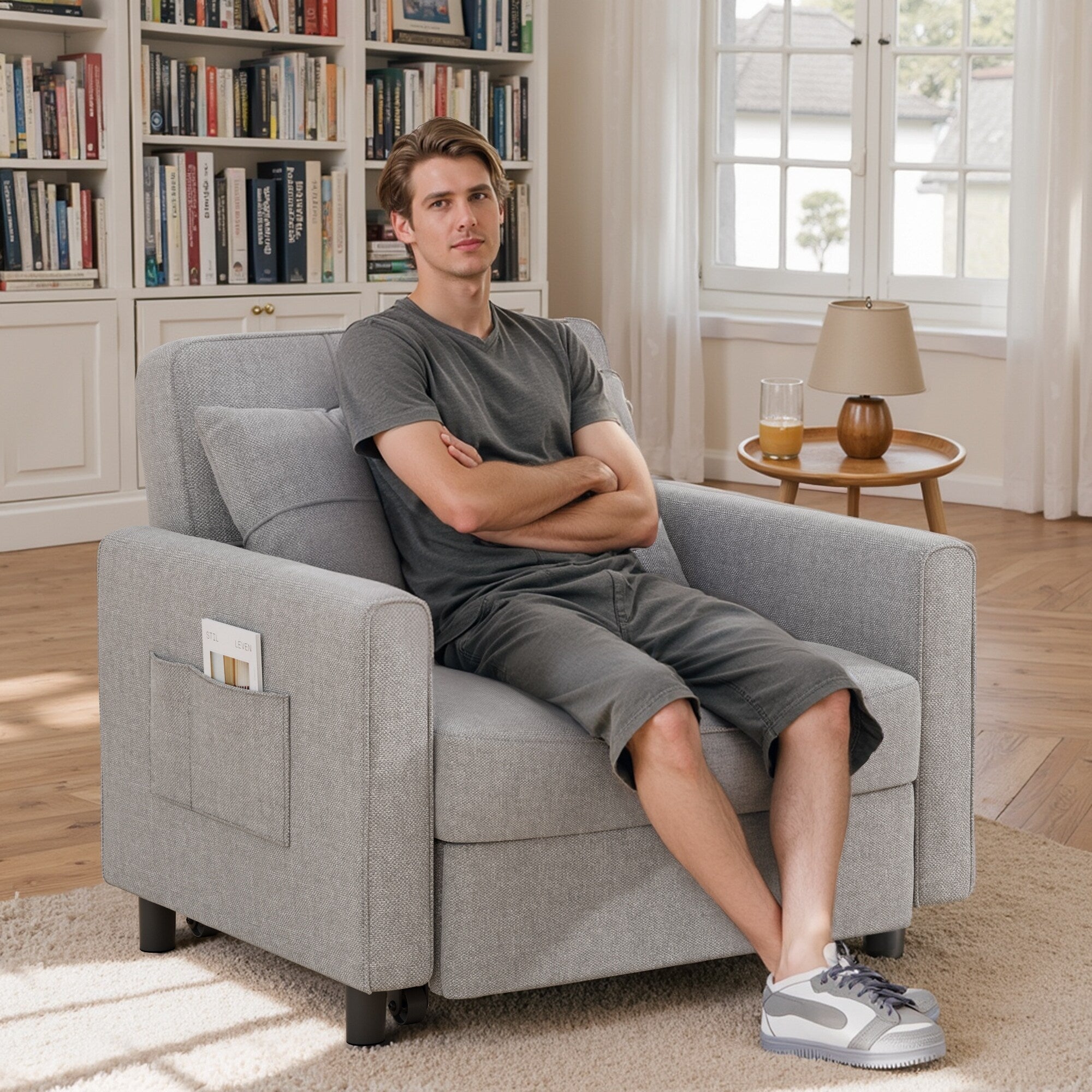 3-in-1 Pull-Out Sofa Bed Sleeper Chair , Convertible Adjustable Foldable Upholstered Lounge Couch