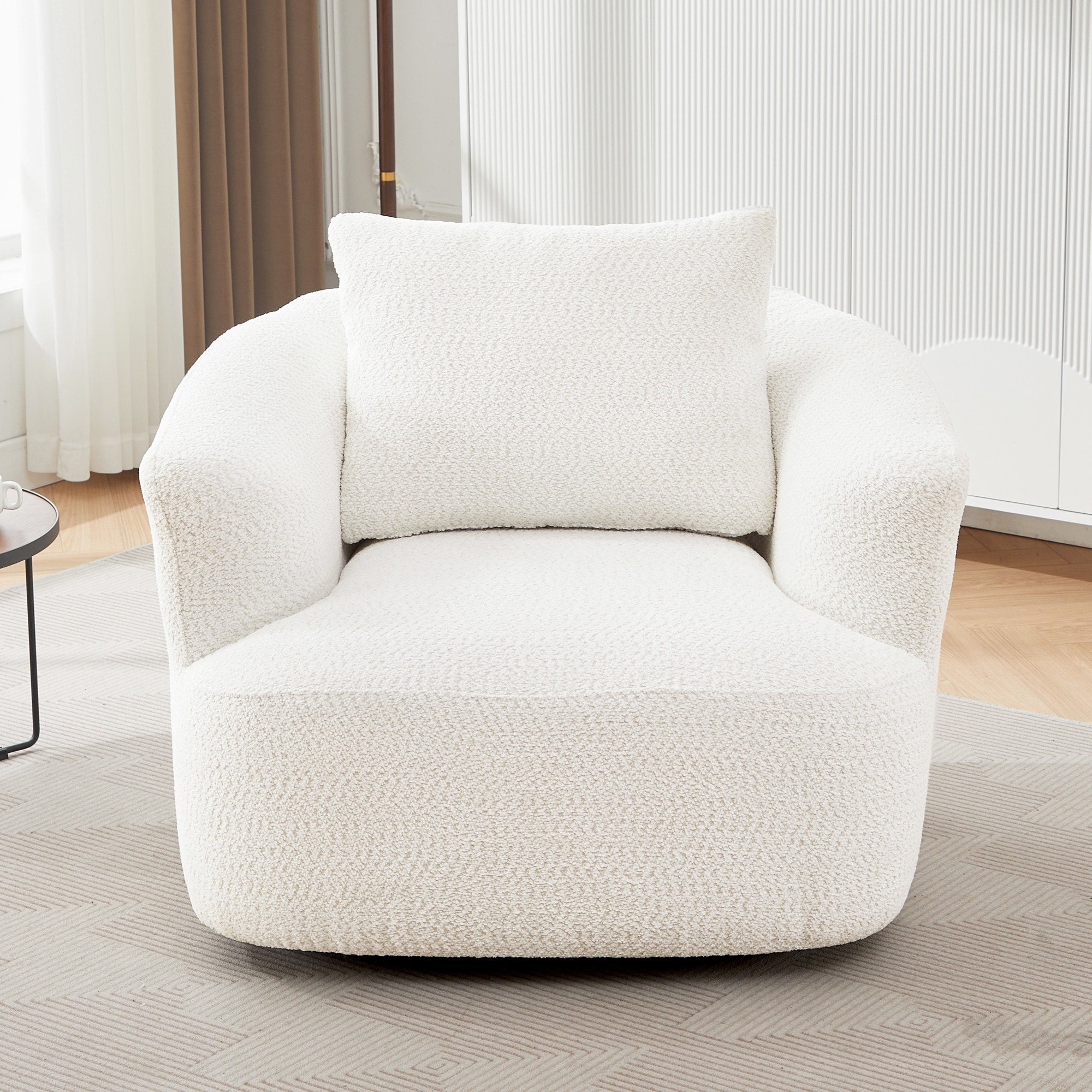 360¡ã Swivel Chair, 38.2 Boucle Accent Chair with Throw Pillow, Upholstered Barrel Sofa Chair with Curved Armrests