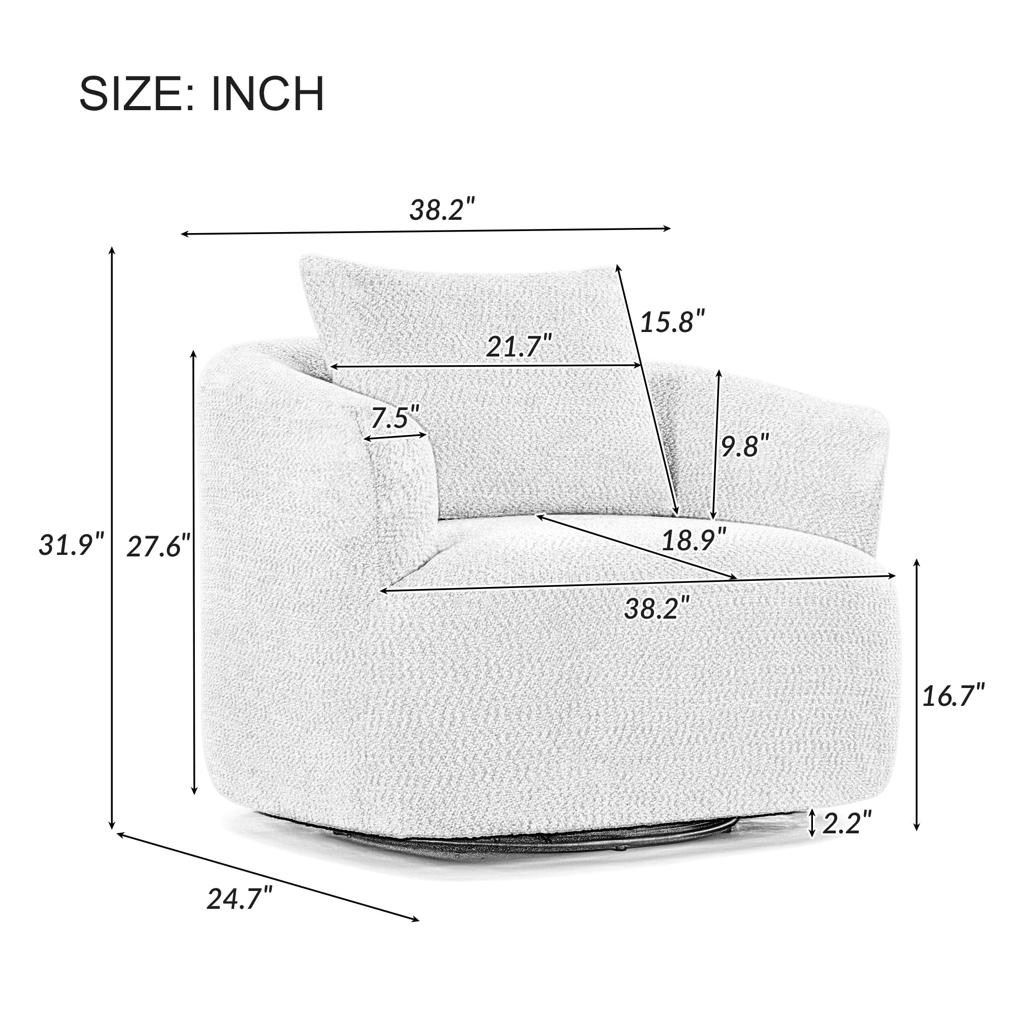 360¡ã Swivel Chair, 38.2 Boucle Accent Chair with Throw Pillow, Upholstered Barrel Sofa Chair with Curved Armrests