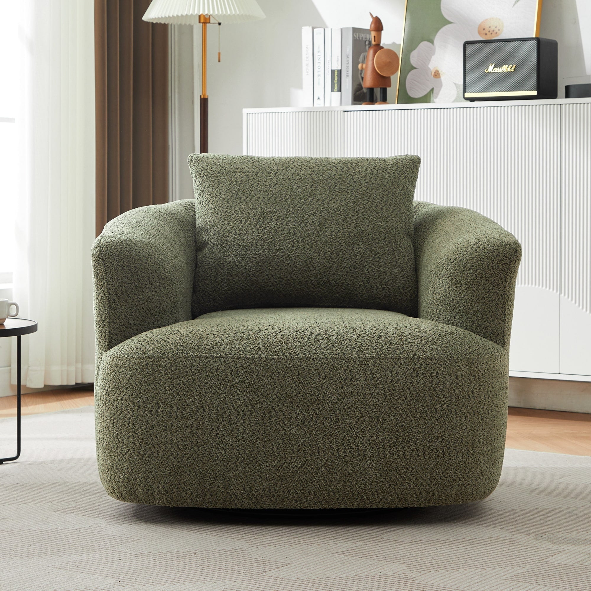 360¡ã Swivel Chair, 38.2 Boucle Accent Chair with Throw Pillow, Upholstered Barrel Sofa Chair with Curved Armrests