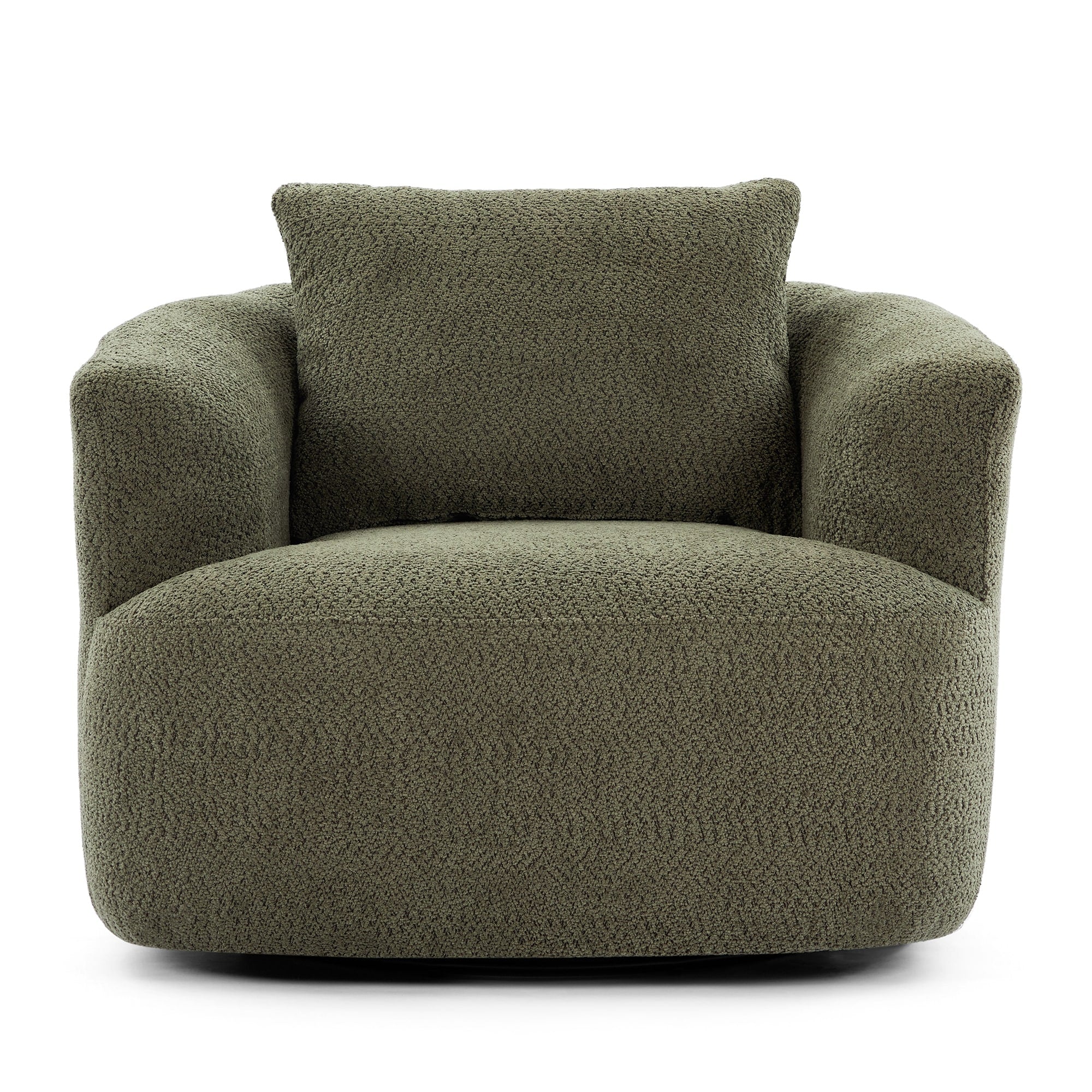360¡ã Swivel Chair, 38.2 Boucle Accent Chair with Throw Pillow, Upholstered Barrel Sofa Chair with Curved Armrests