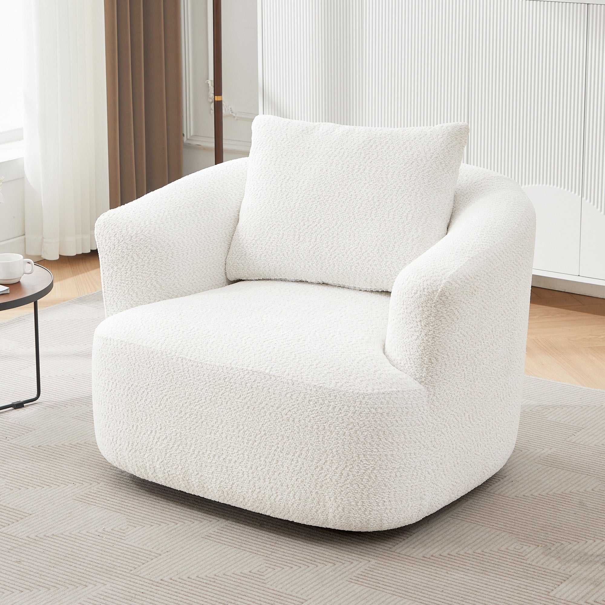 360¡ã Swivel Chair, 38.2 Boucle Accent Chair with Throw Pillow, Upholstered Barrel Sofa Chair with Curved Armrests