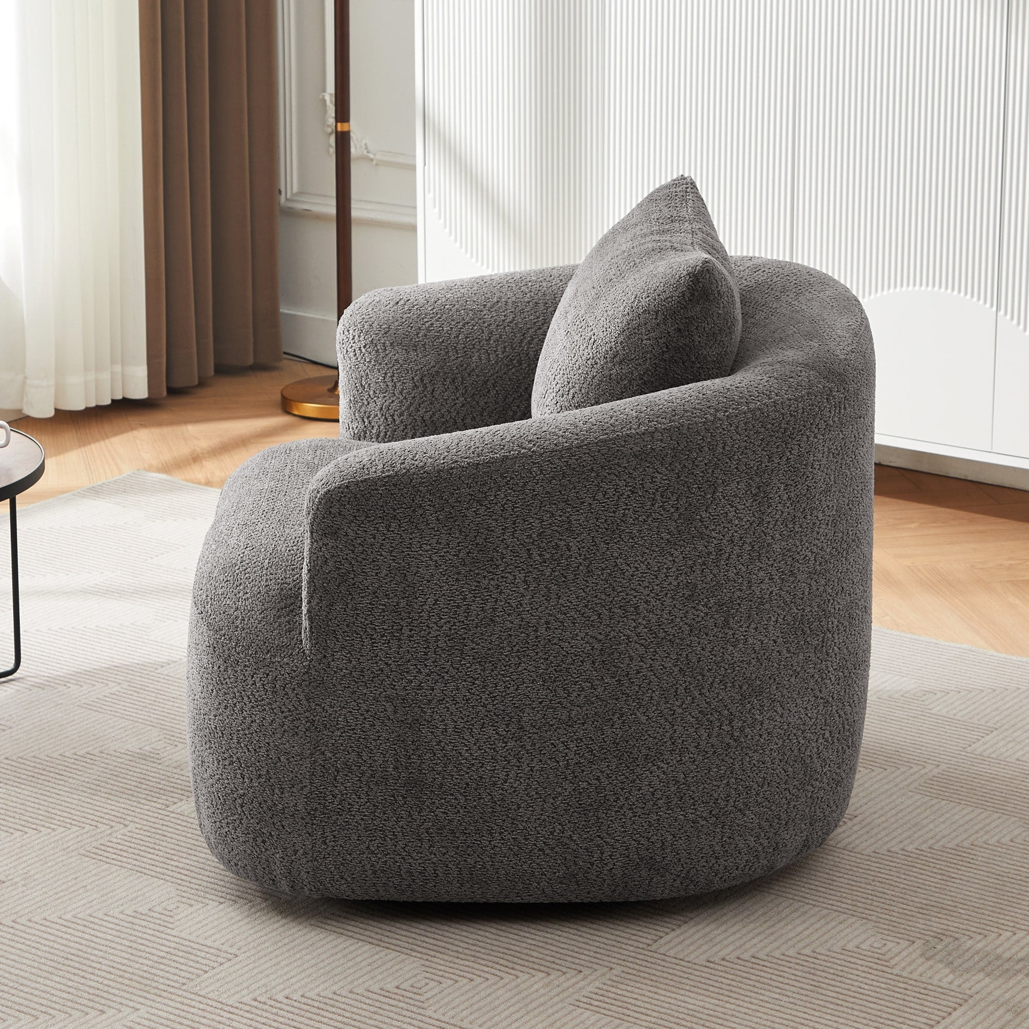 360¡ã Swivel Chair, 38.2 Boucle Accent Chair with Throw Pillow, Upholstered Barrel Sofa Chair with Curved Armrests