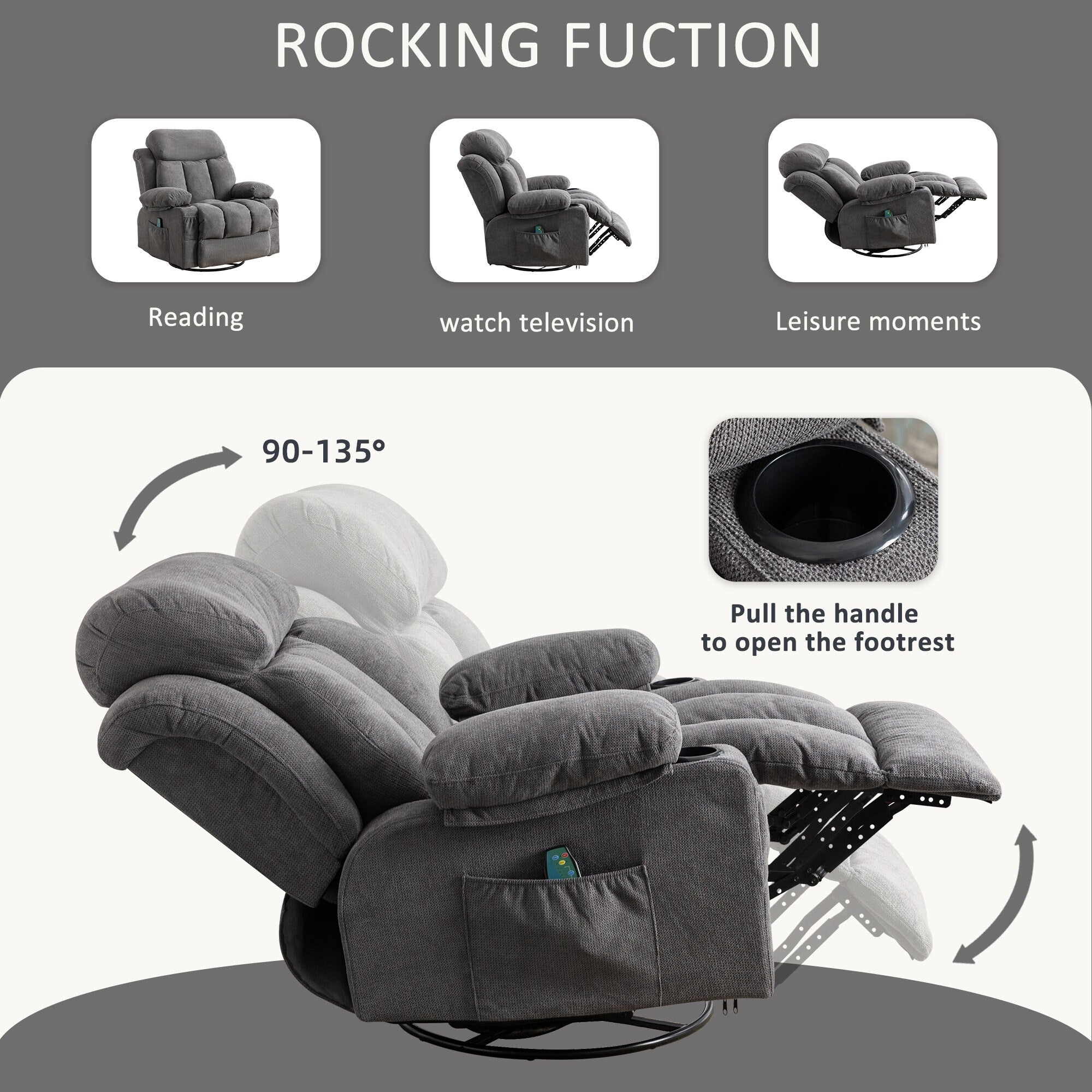 360¡ã Swivel Recliner Chair with Massage, Heat, USB, and Cup Holders
