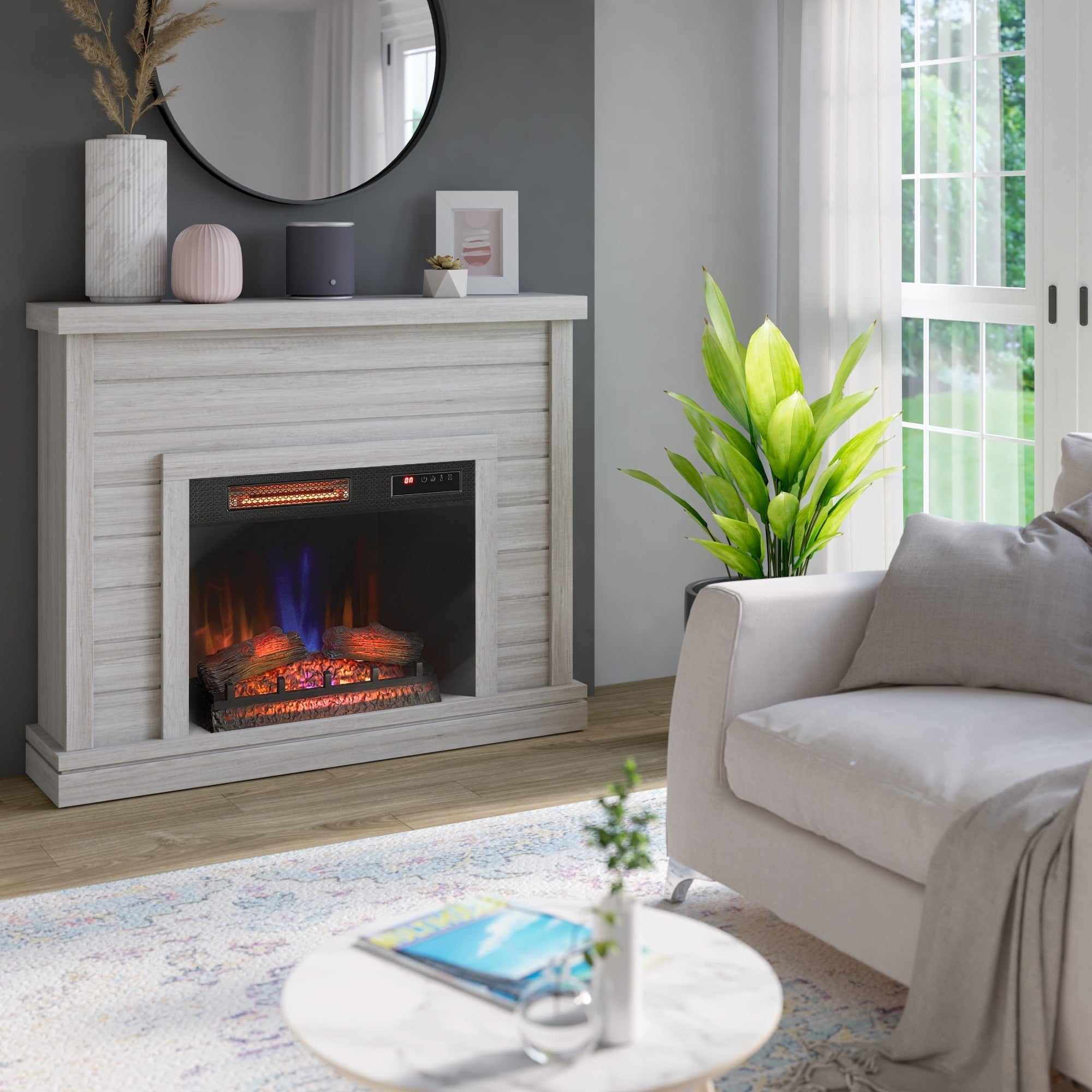 52 Shiplap Wall Mantel with 3D Fireplace Insert