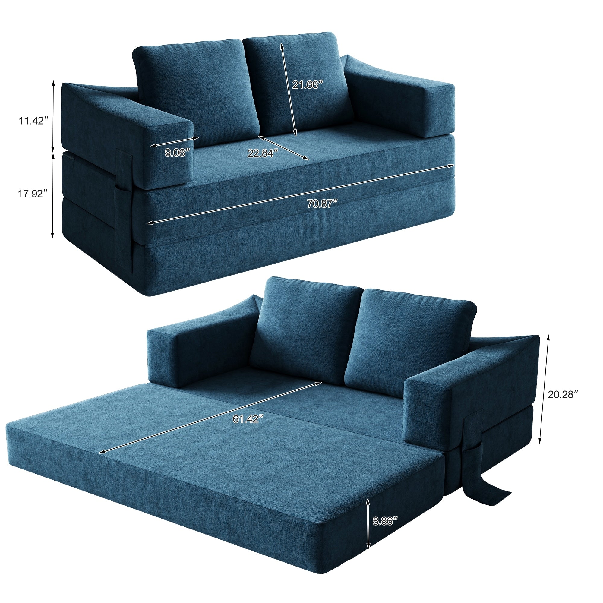 70.87 Upholstered Convertible Sleeper Sofa, Convertible Chair Floor Couch Comfy Sofa for Living Room, Bedroom, Chenille Fabric