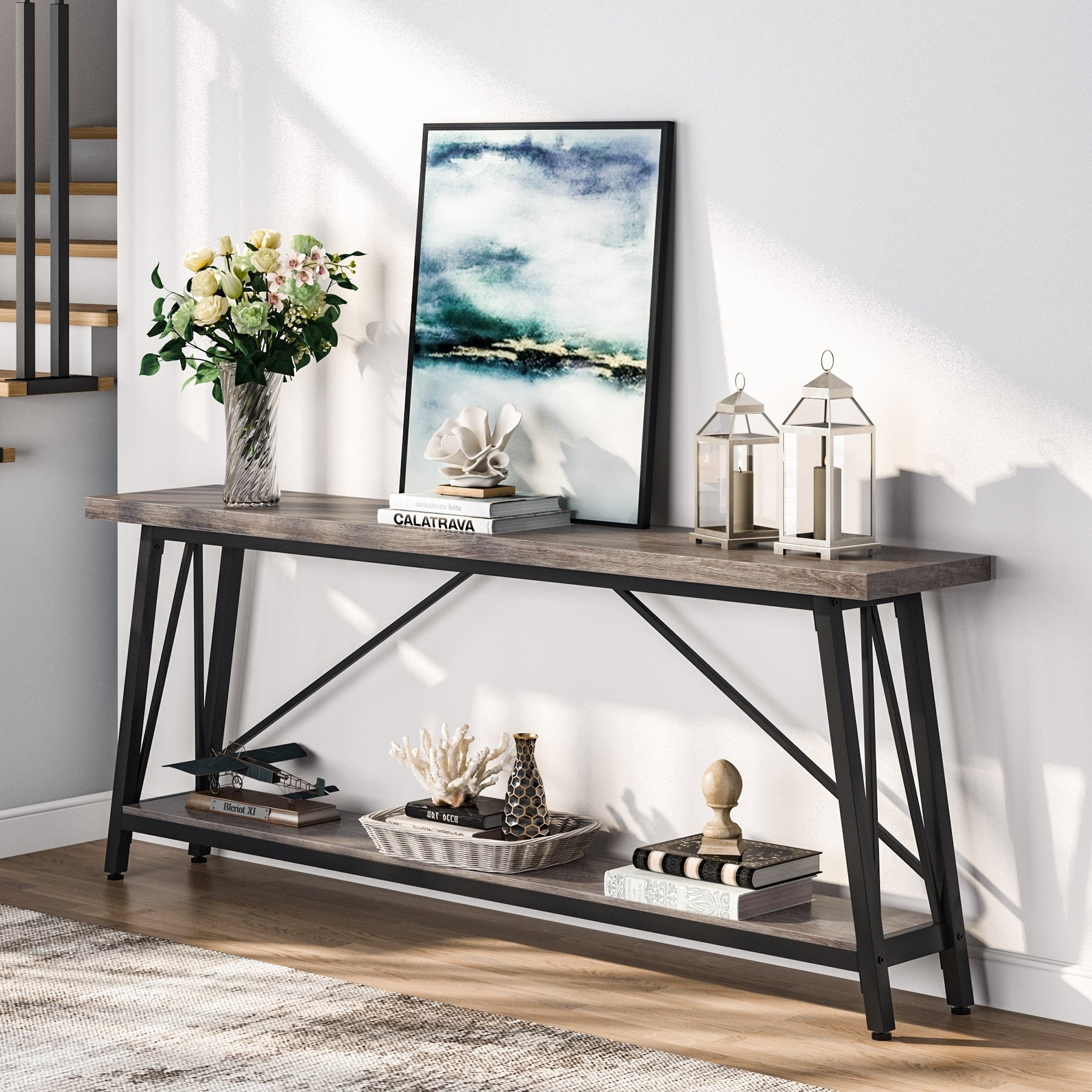 70.9 Inch Extra Long Sofa Table, Industrial Entry Console Table