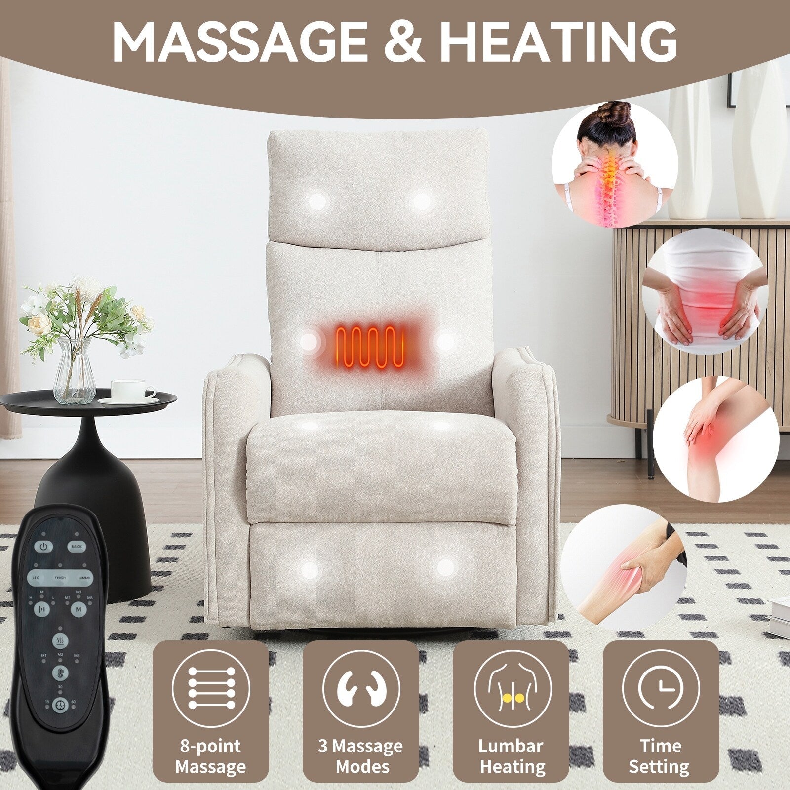 8 Point Massage Manual Recliner Chair Fabric Swivel Rocking Chair Single Sofa Armchair with Rocker and Lumbar Heating