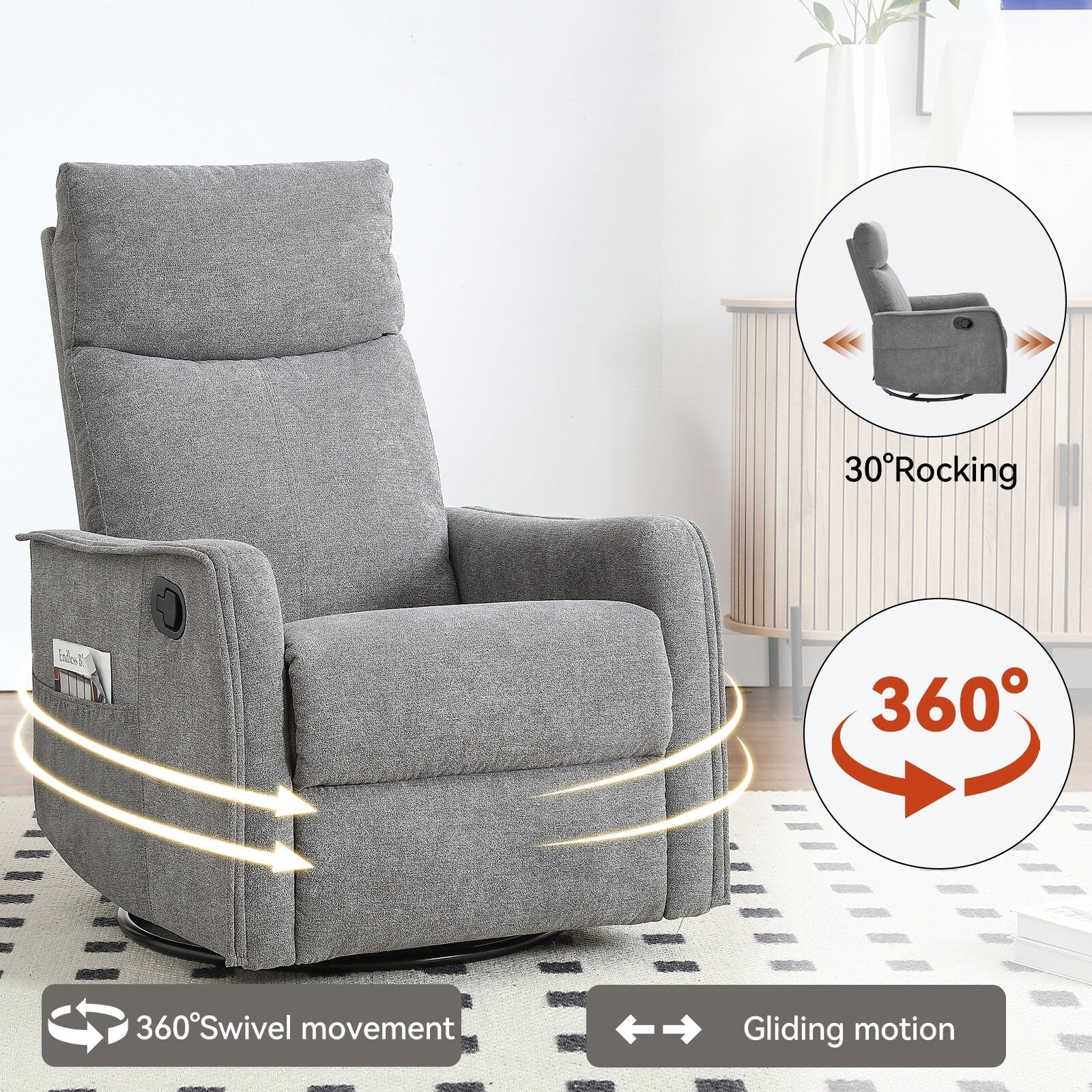 8 Point Massage Manual Recliner Chair Fabric Swivel Rocking Chair Single Sofa Armchair with Rocker and Lumbar Heating