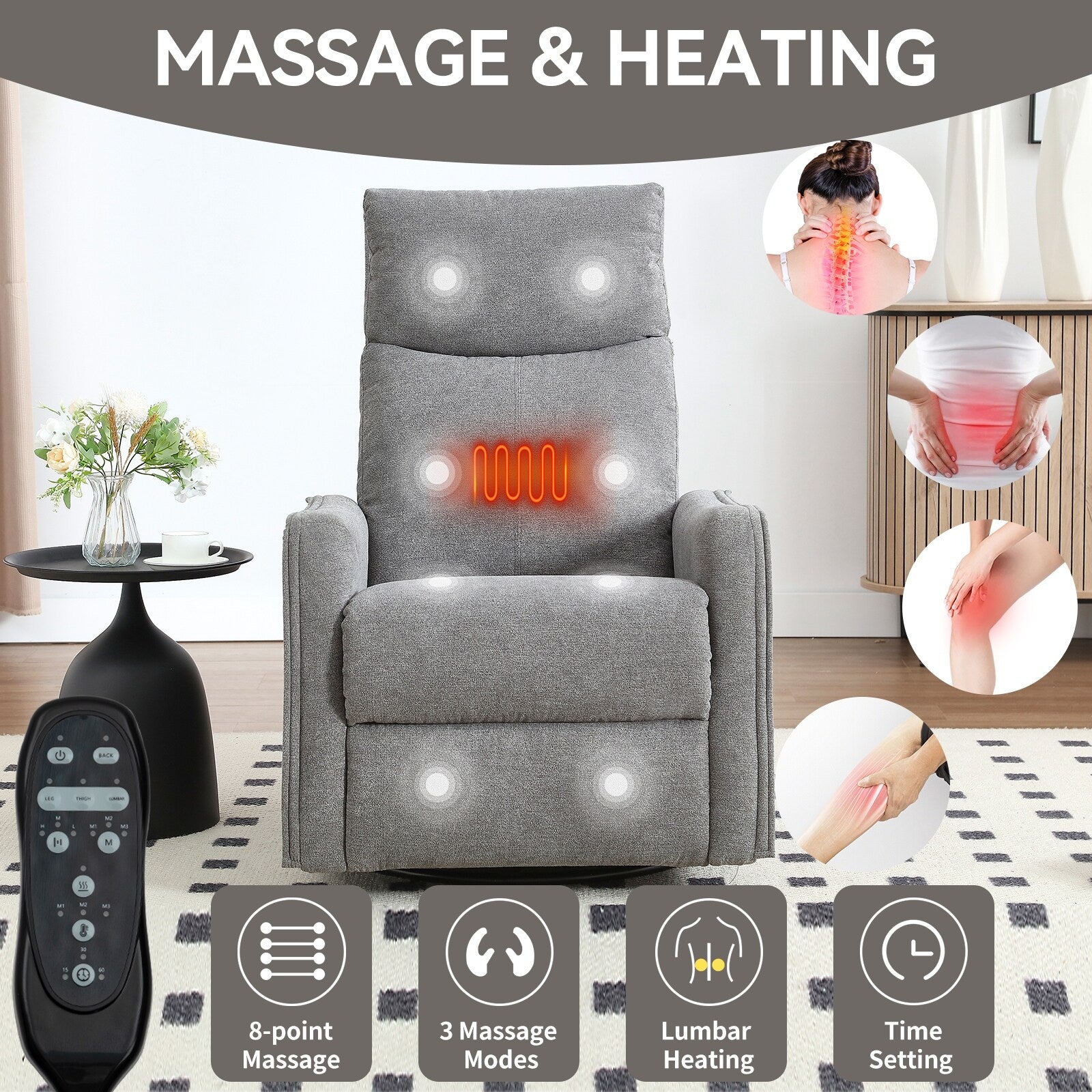 8 Point Massage Manual Recliner Chair Fabric Swivel Rocking Chair Single Sofa Armchair with Rocker and Lumbar Heating