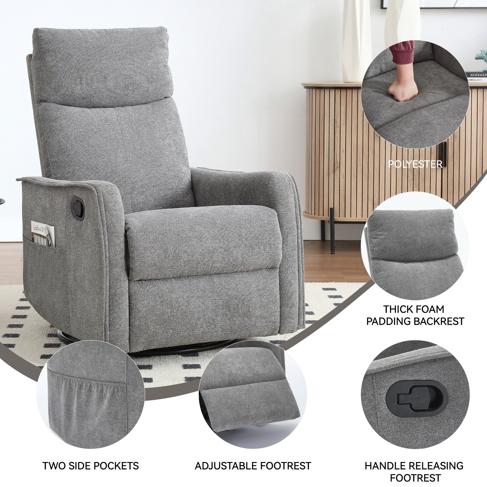 8 Point Massage Manual Recliner Chair Fabric Swivel Rocking Chair Single Sofa Armchair with Rocker and Lumbar Heating