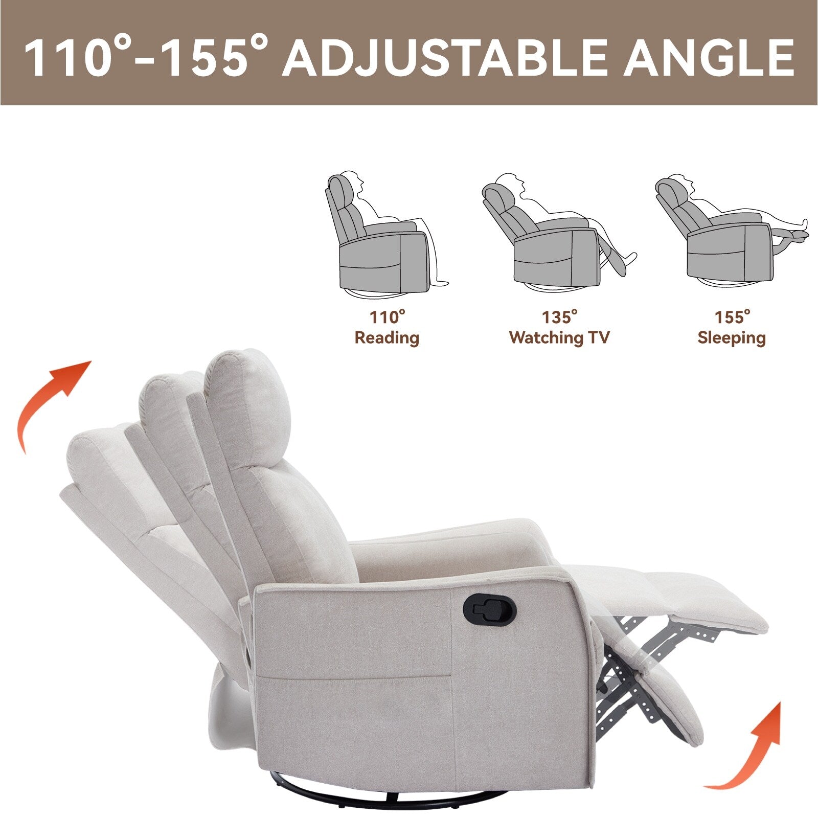 8 Point Massage Manual Recliner Chair Fabric Swivel Rocking Chair Single Sofa Armchair with Rocker and Lumbar Heating