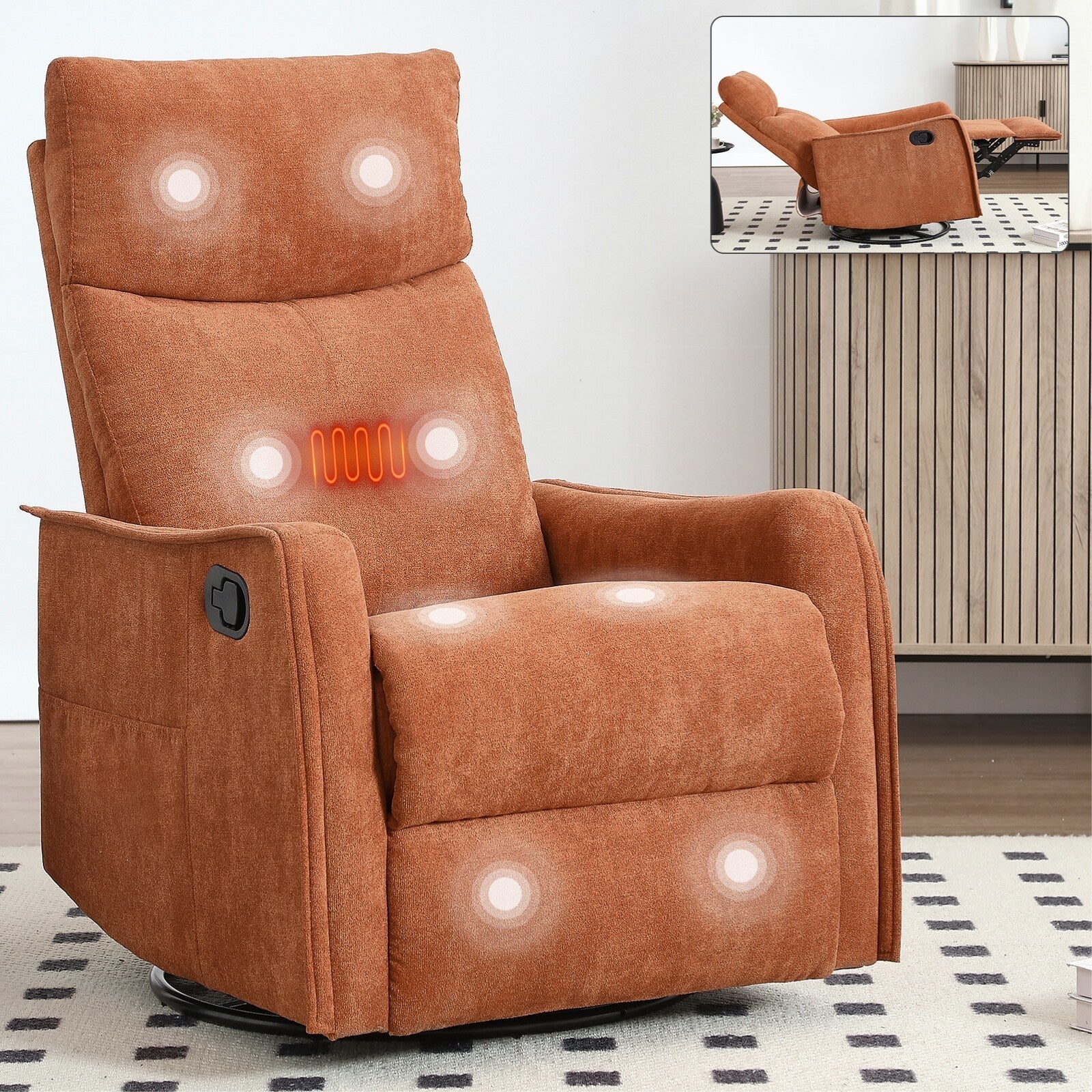 8 Point Massage Manual Recliner Chair Fabric Swivel Rocking Chair Single Sofa Armchair with Rocker and Lumbar Heating