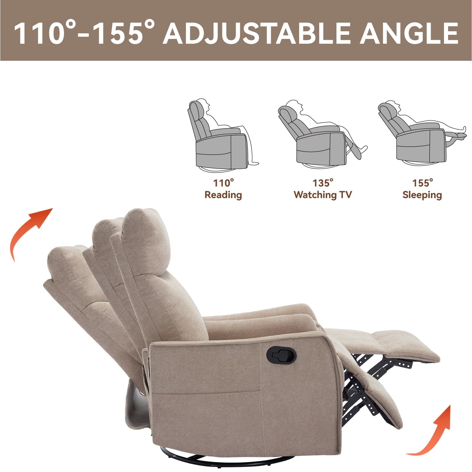 8 Point Massage Manual Recliner Chair Fabric Swivel Rocking Chair Single Sofa Armchair with Rocker and Lumbar Heating