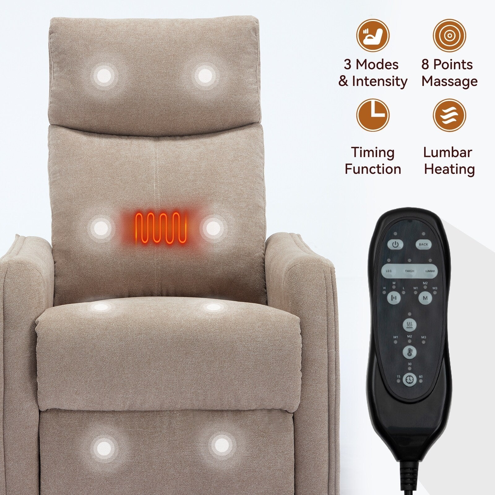 8 Point Massage Manual Recliner Chair Fabric Swivel Rocking Chair Single Sofa Armchair with Rocker and Lumbar Heating