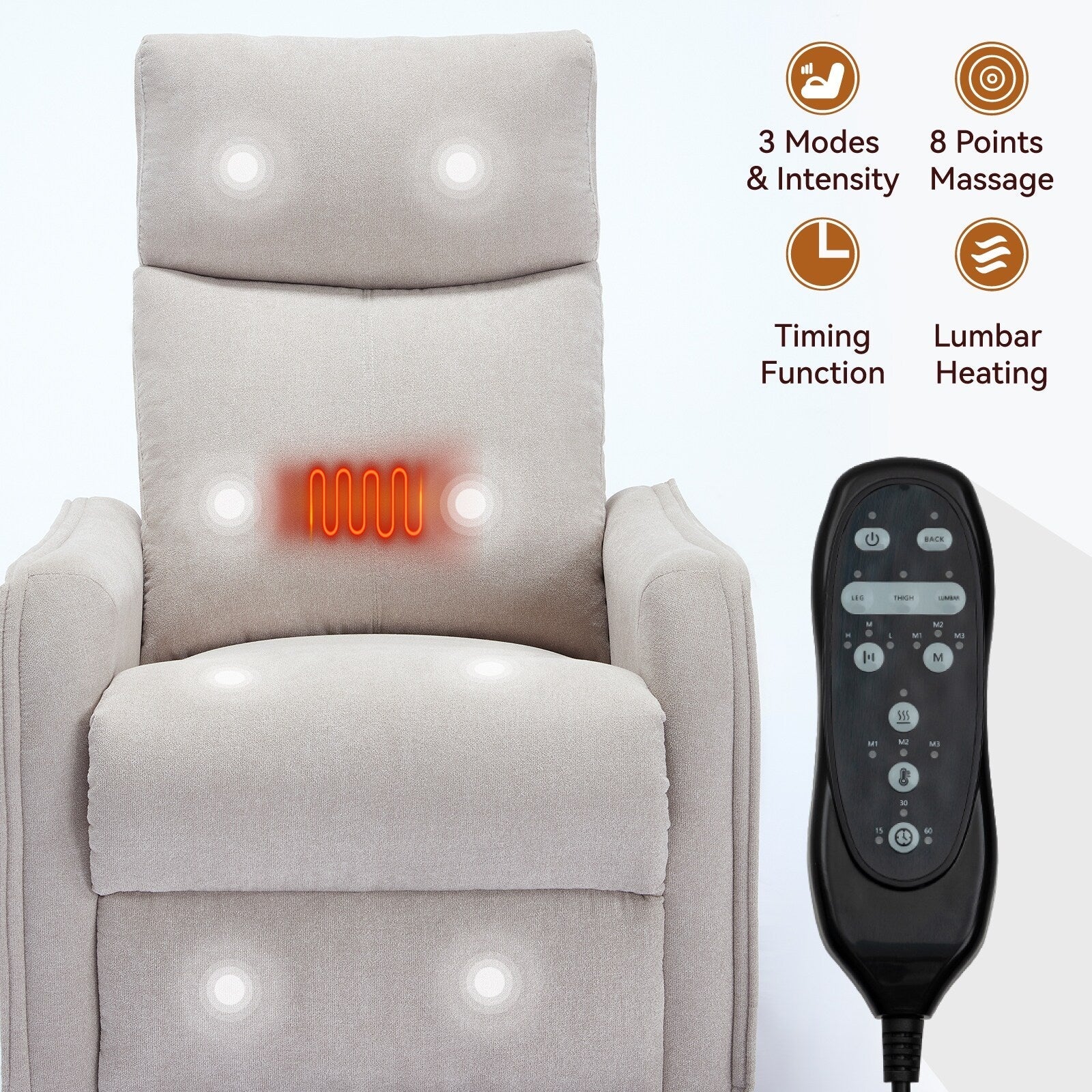 8 Point Massage Manual Recliner Chair Fabric Swivel Rocking Chair Single Sofa Armchair with Rocker and Lumbar Heating