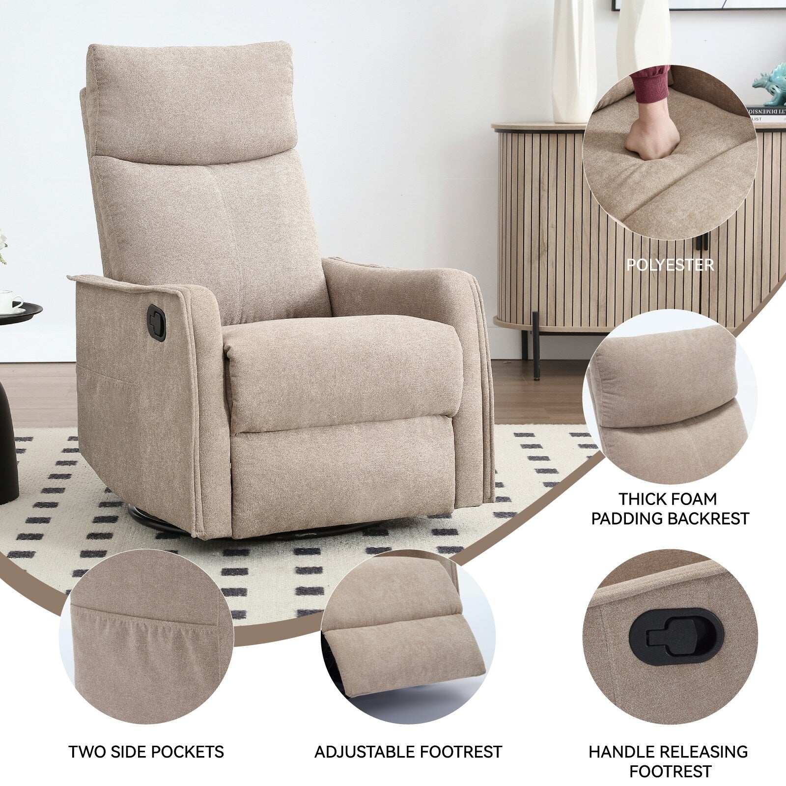 8 Point Massage Manual Recliner Chair Fabric Swivel Rocking Chair Single Sofa Armchair with Rocker and Lumbar Heating