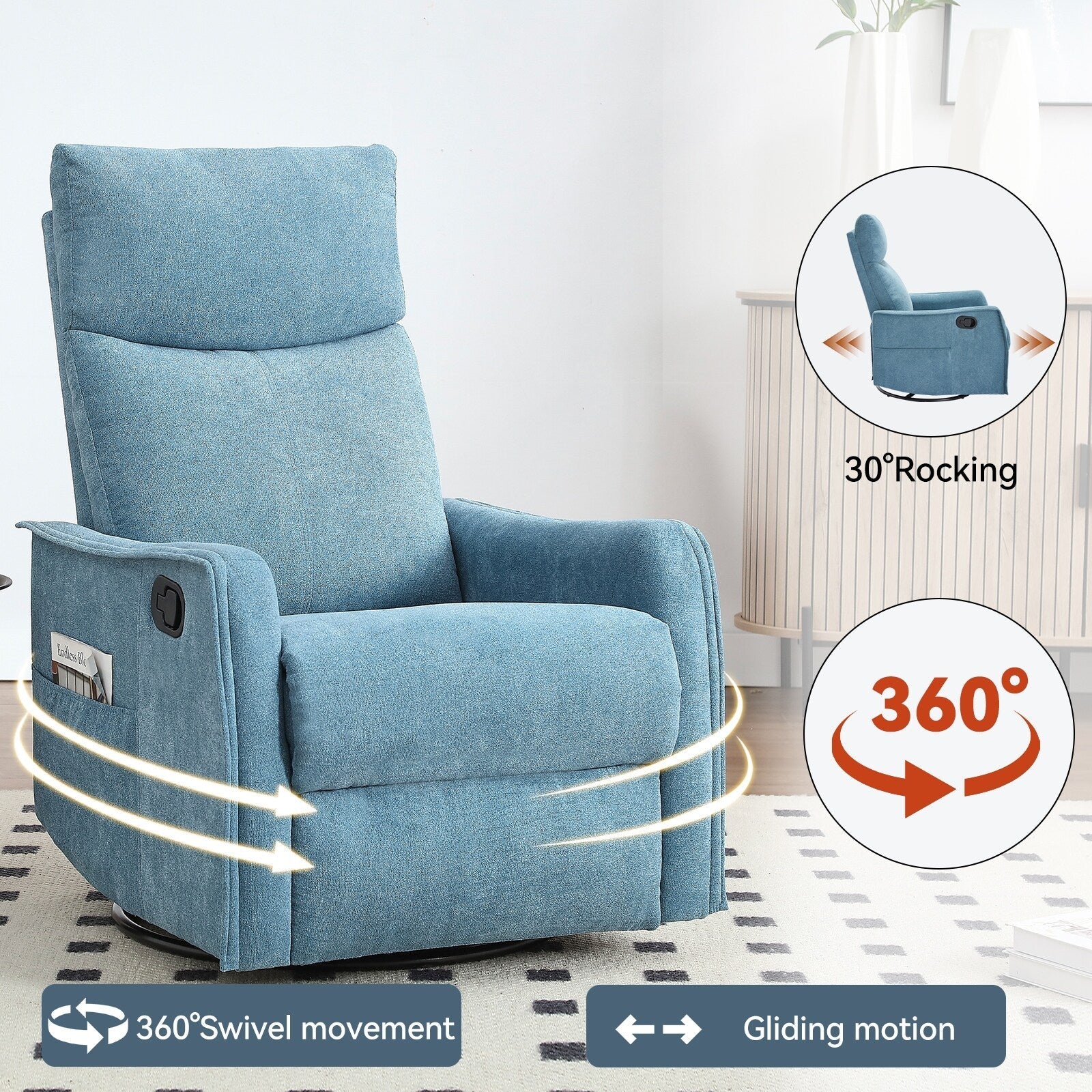 8 Point Massage Manual Recliner Chair Fabric Swivel Rocking Chair Single Sofa Armchair with Rocker and Lumbar Heating