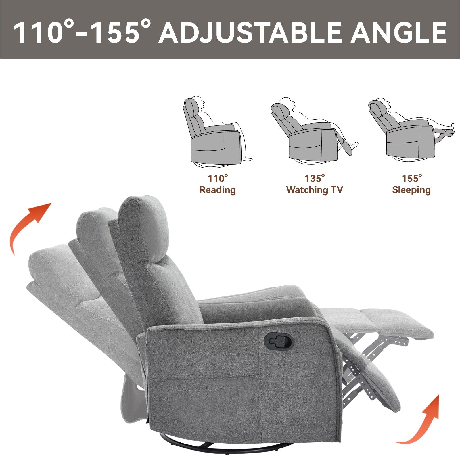 8 Point Massage Manual Recliner Chair Fabric Swivel Rocking Chair Single Sofa Armchair with Rocker and Lumbar Heating