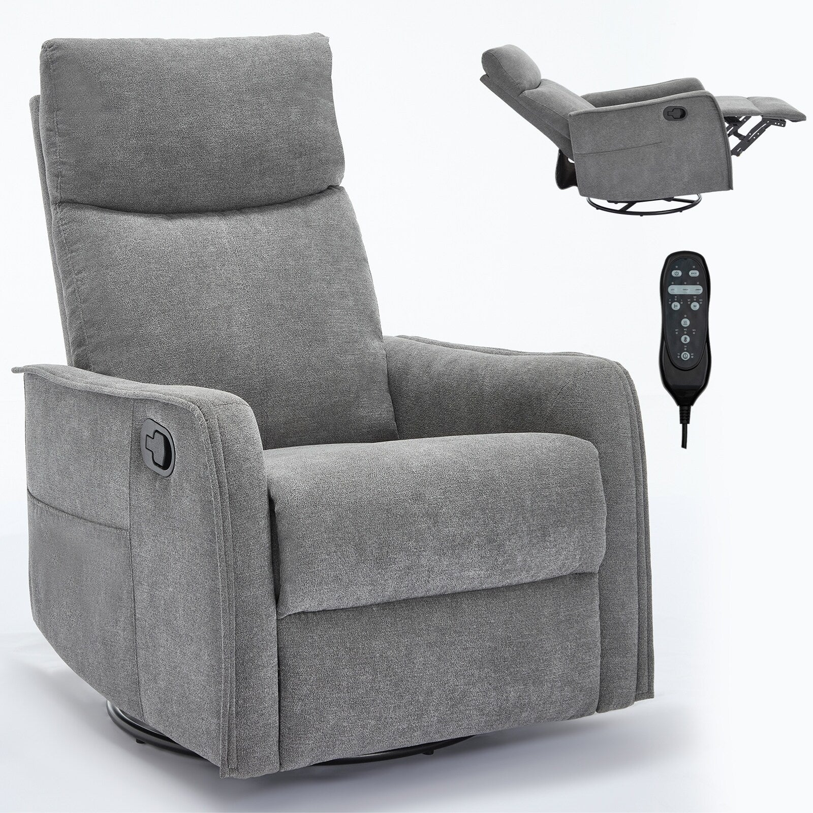8 Point Massage Manual Recliner Chair Fabric Swivel Rocking Chair Single Sofa Armchair with Rocker and Lumbar Heating