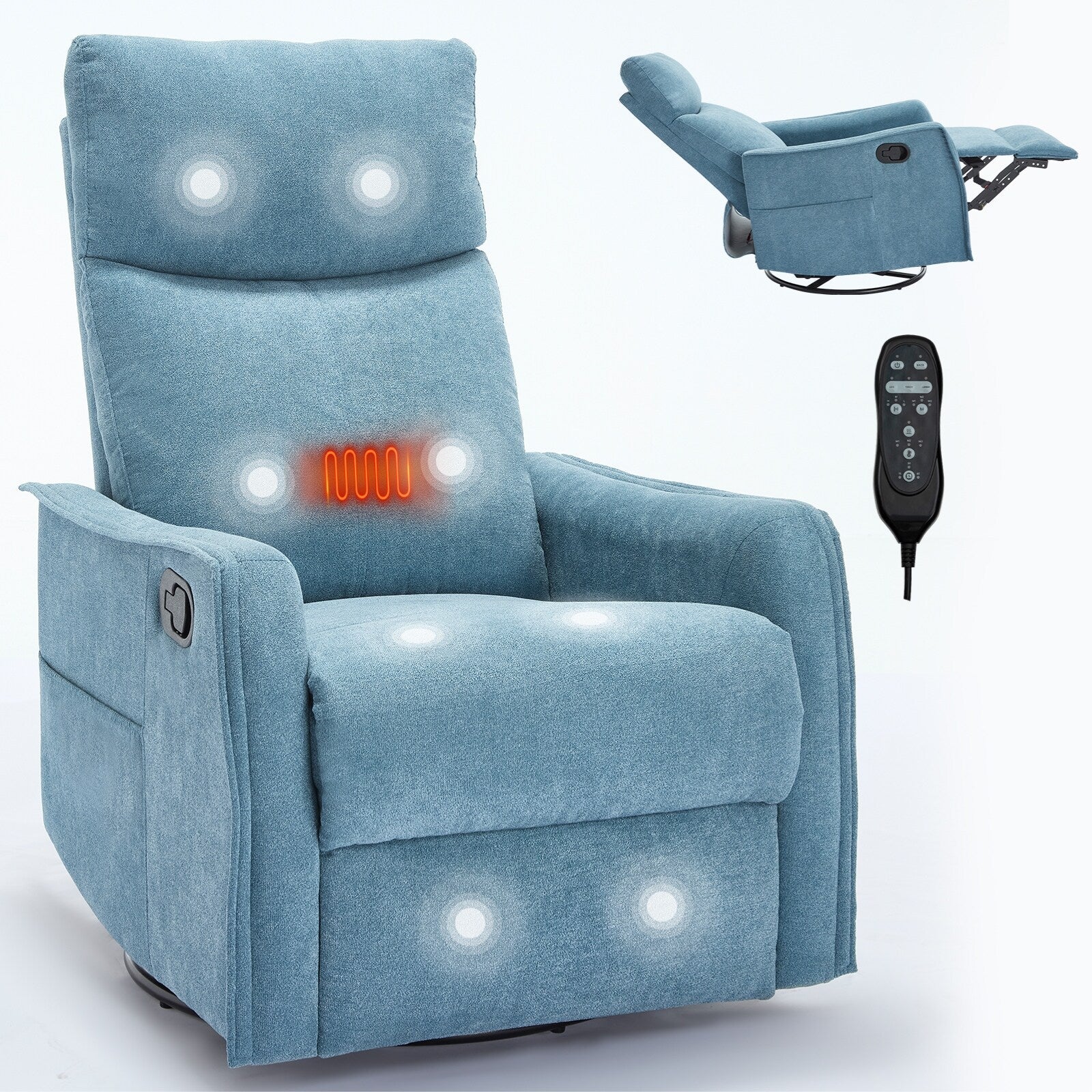 8 Point Massage Manual Recliner Chair Fabric Swivel Rocking Chair Single Sofa Armchair with Rocker and Lumbar Heating