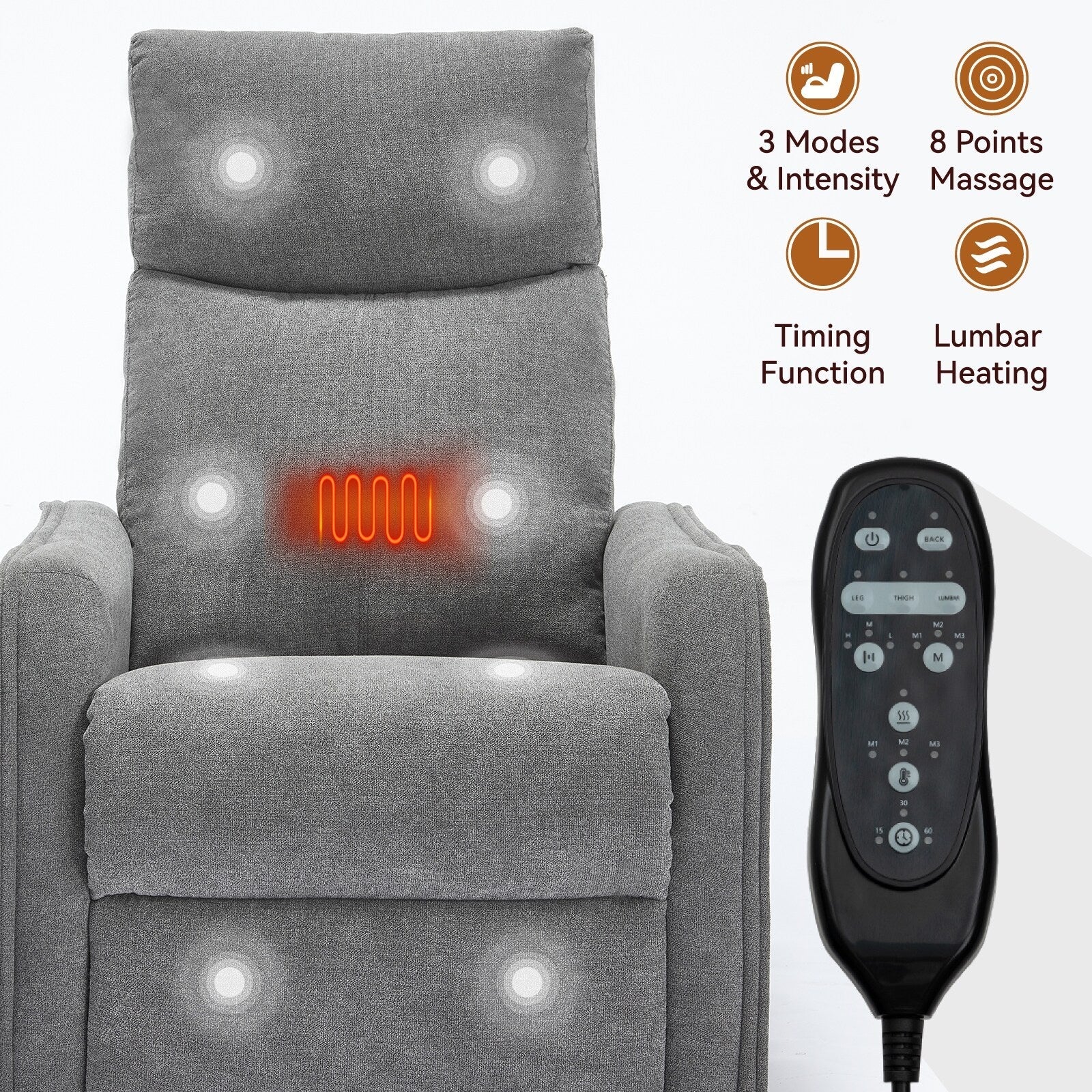 8 Point Massage Manual Recliner Chair Fabric Swivel Rocking Chair Single Sofa Armchair with Rocker and Lumbar Heating