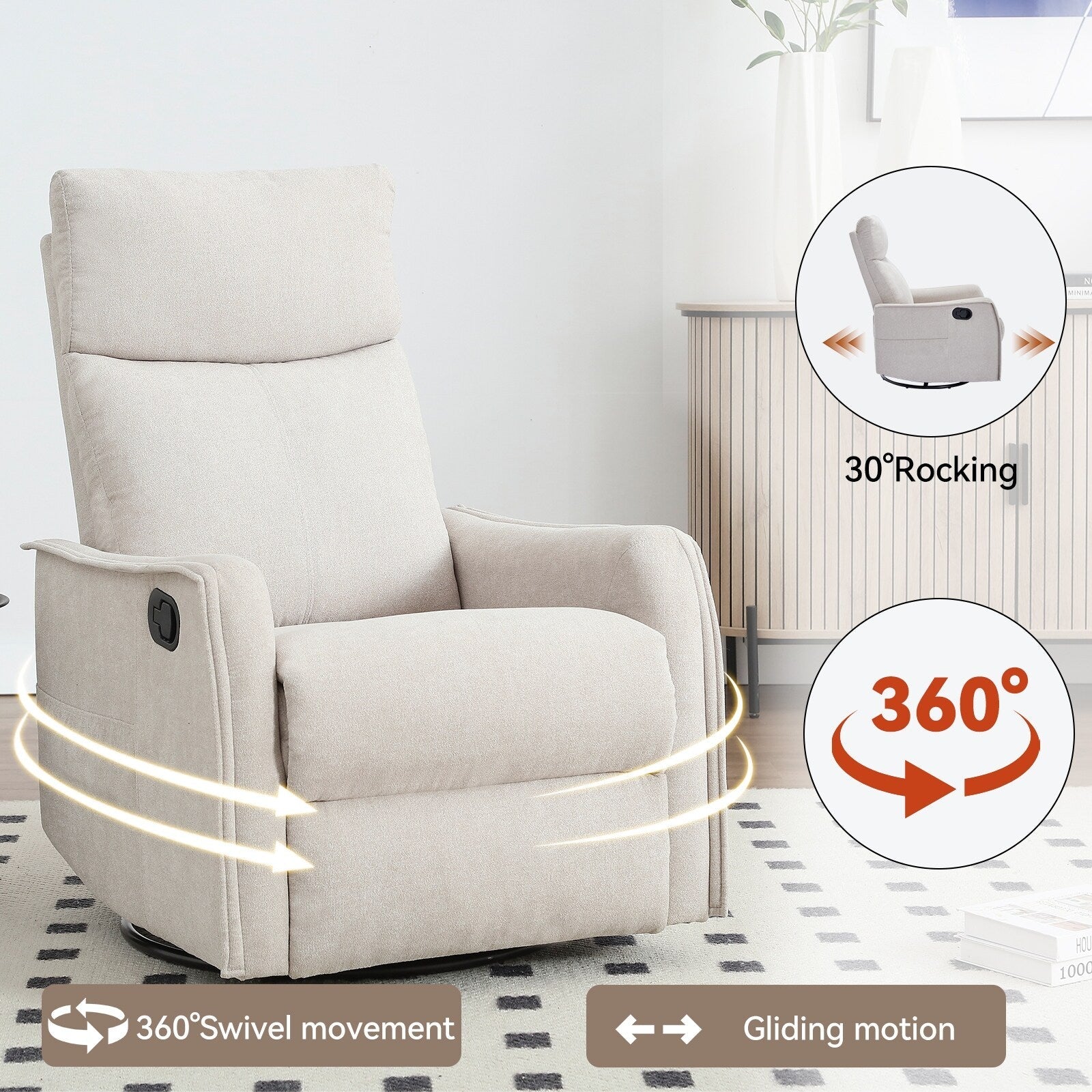 8 Point Massage Manual Recliner Chair Fabric Swivel Rocking Chair Single Sofa Armchair with Rocker and Lumbar Heating