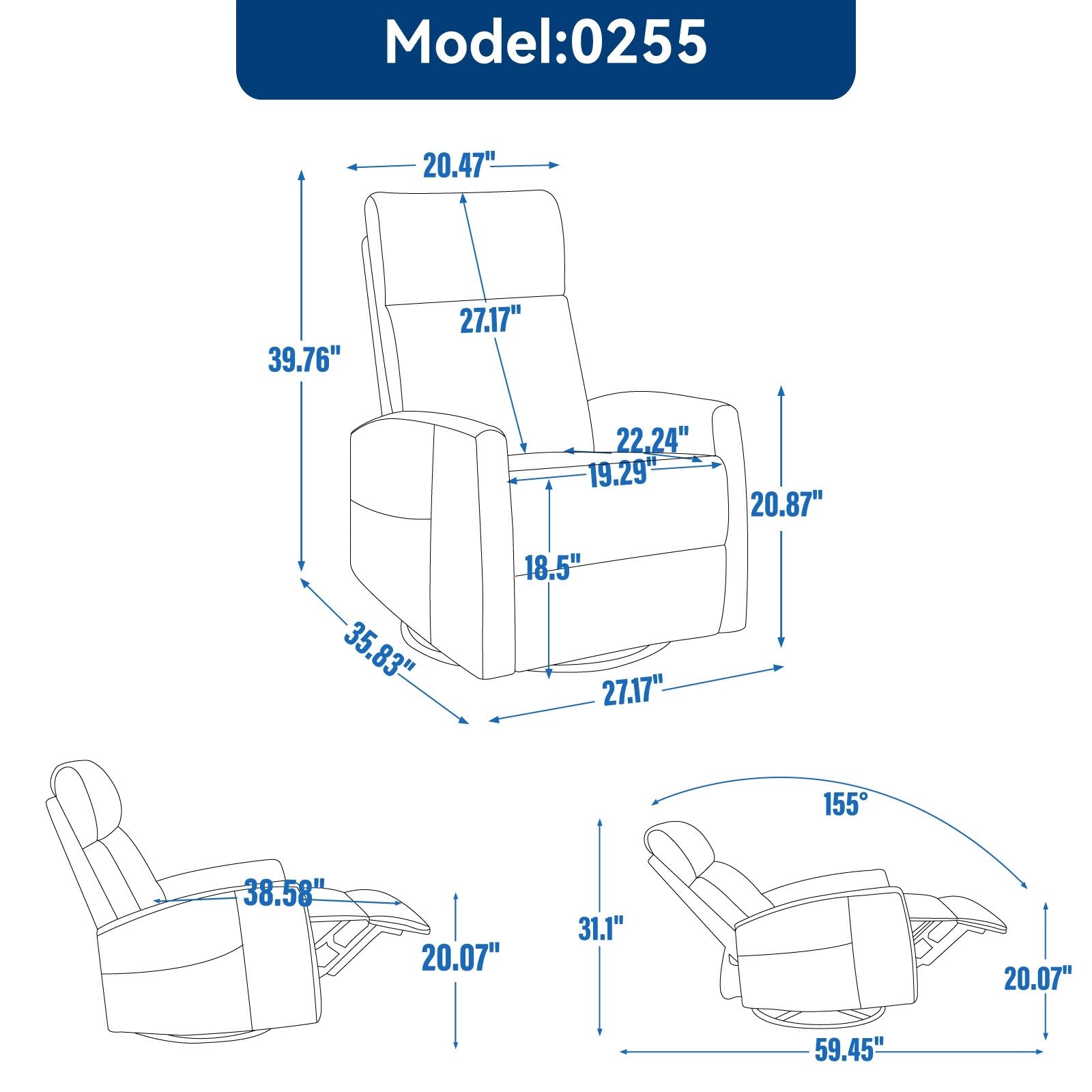 8 Point Massage Manual Recliner Chair Fabric Swivel Rocking Chair Single Sofa Armchair with Rocker and Lumbar Heating