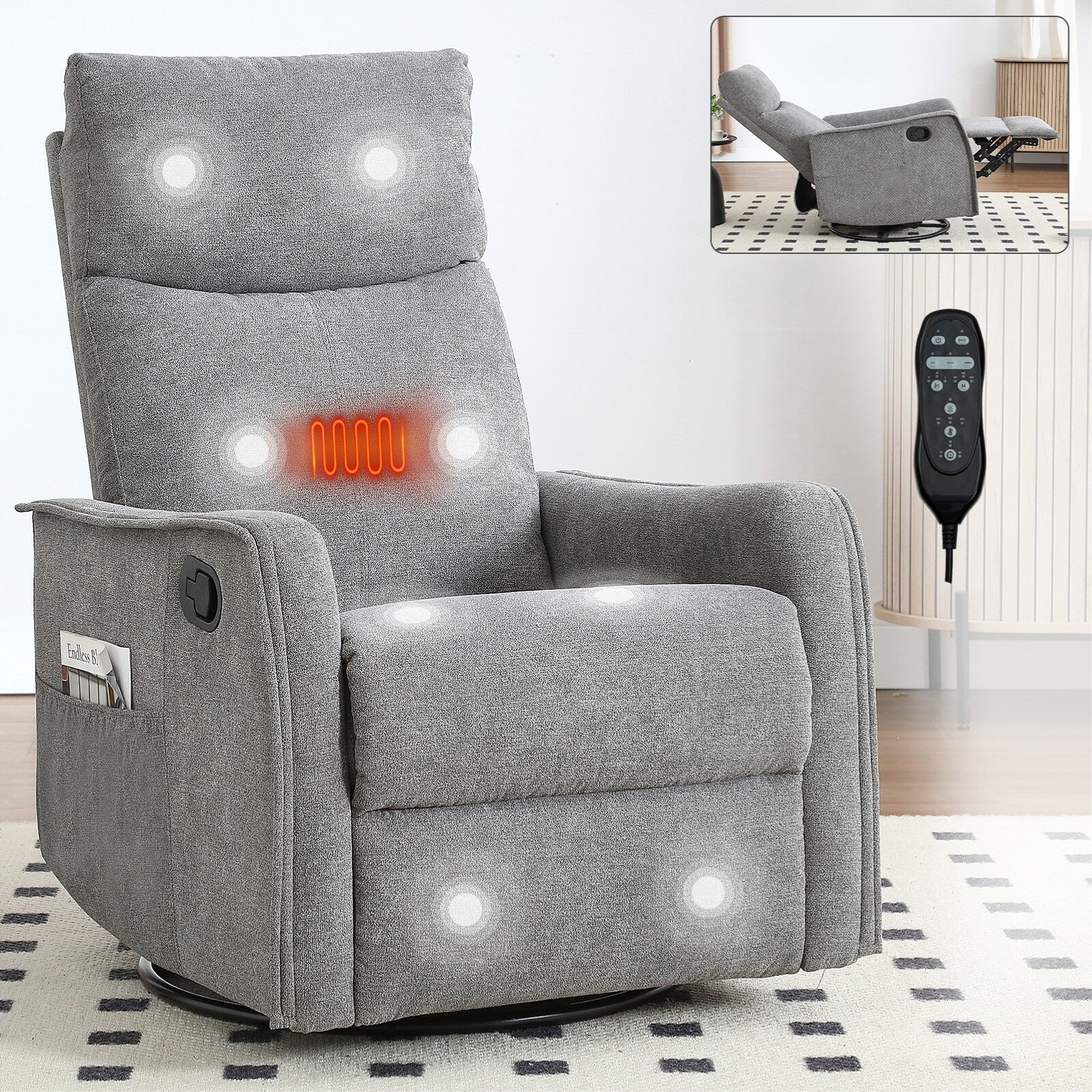 8 Point Massage Manual Recliner Chair Fabric Swivel Rocking Chair Single Sofa Armchair with Rocker and Lumbar Heating