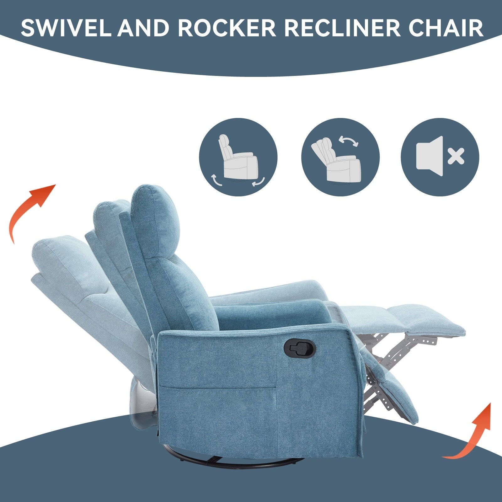 8 Point Massage Manual Recliner Chair Fabric Swivel Rocking Chair Single Sofa Armchair with Rocker and Lumbar Heating