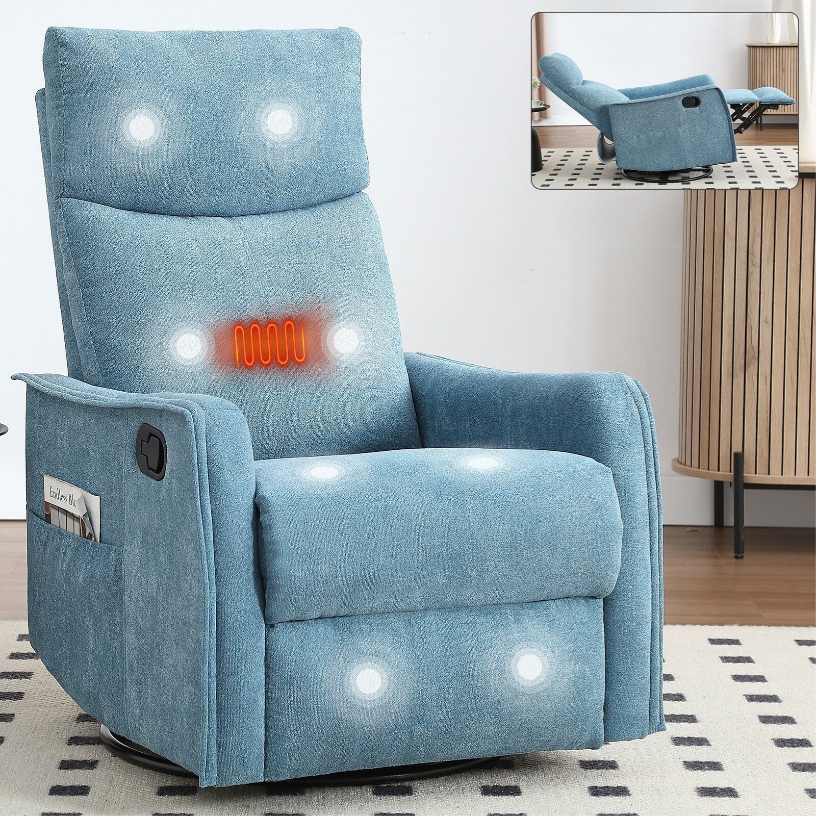 8 Point Massage Manual Recliner Chair Fabric Swivel Rocking Chair Single Sofa Armchair with Rocker and Lumbar Heating