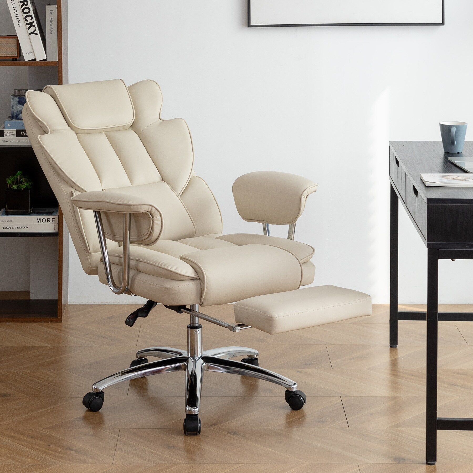 Beige Bonded Leather 360¡ã Swivel Ergonomic High Back Office Recliner with Lumbar Support, Footrest, Adjustable Height