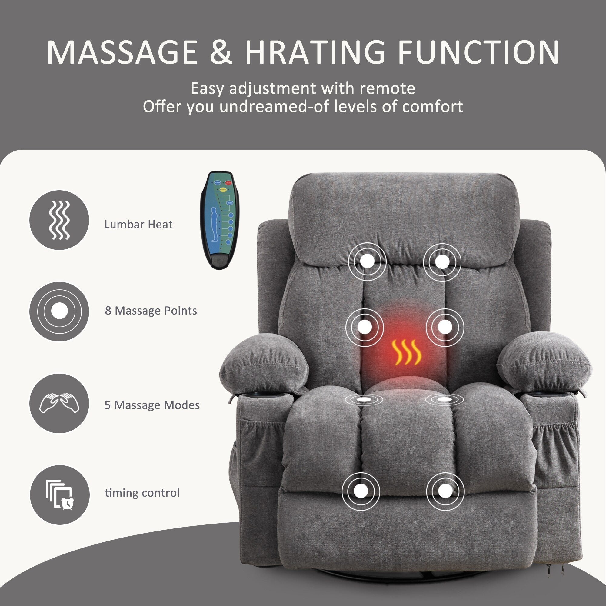 Beige Swivel Recliner with Massage, Heat & USB Charging