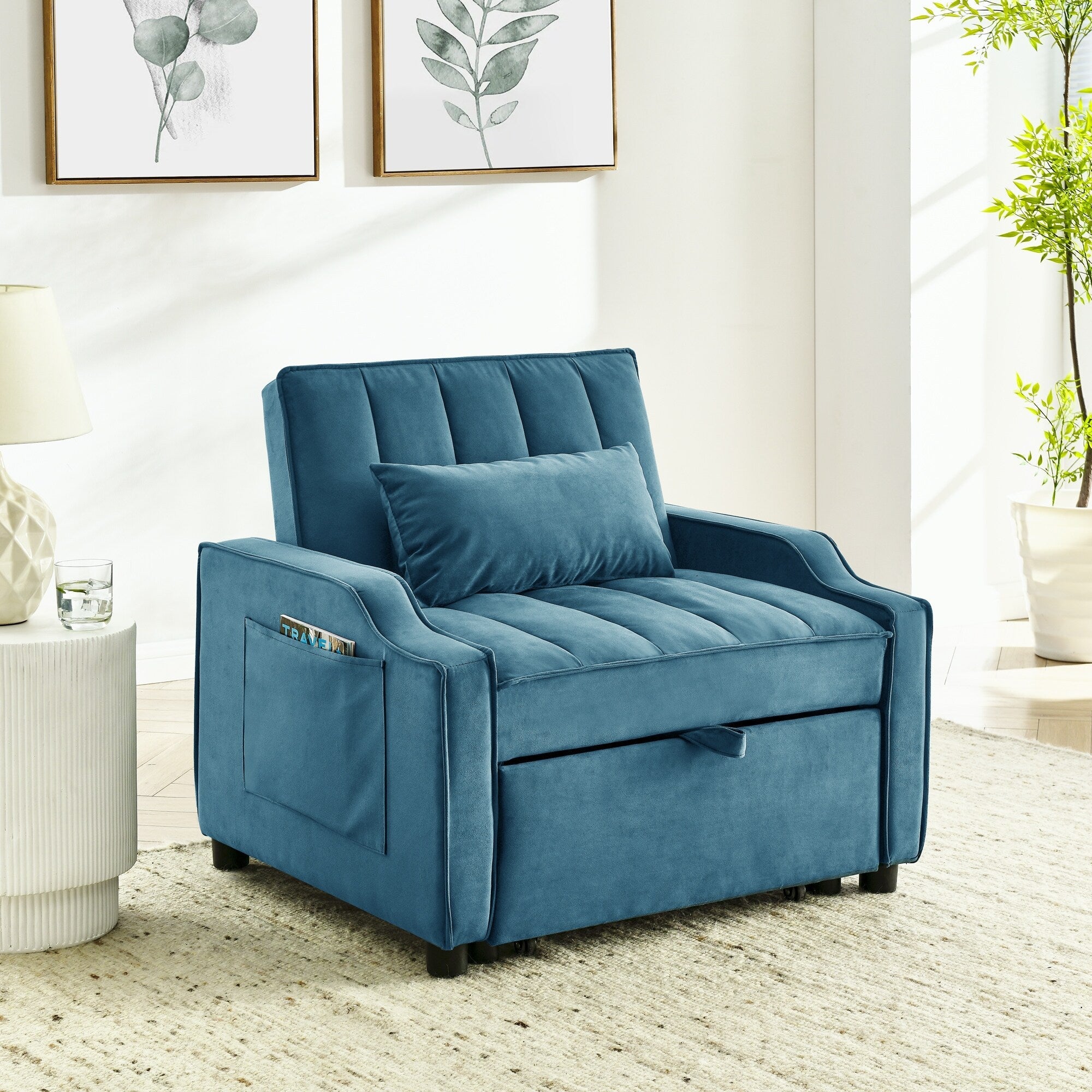 Blue Velvet Convertible Single Sleeper Sofa with Pull-out Bed