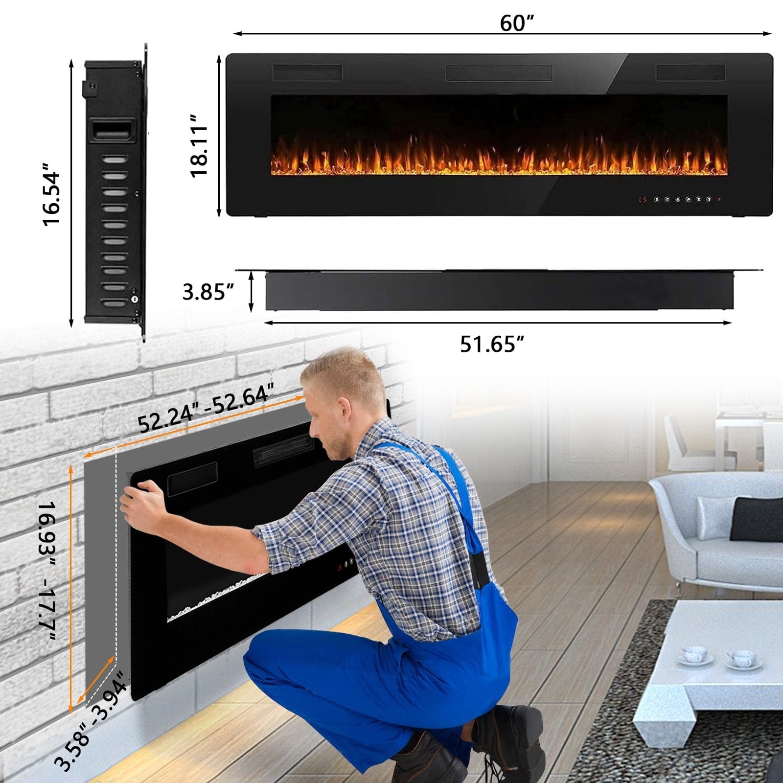 Bossin 30 to 72 inch Electric Fireplace Ultra-Thin and Silence Linear Recessed Wall Mounted Fireplace with Remote Control