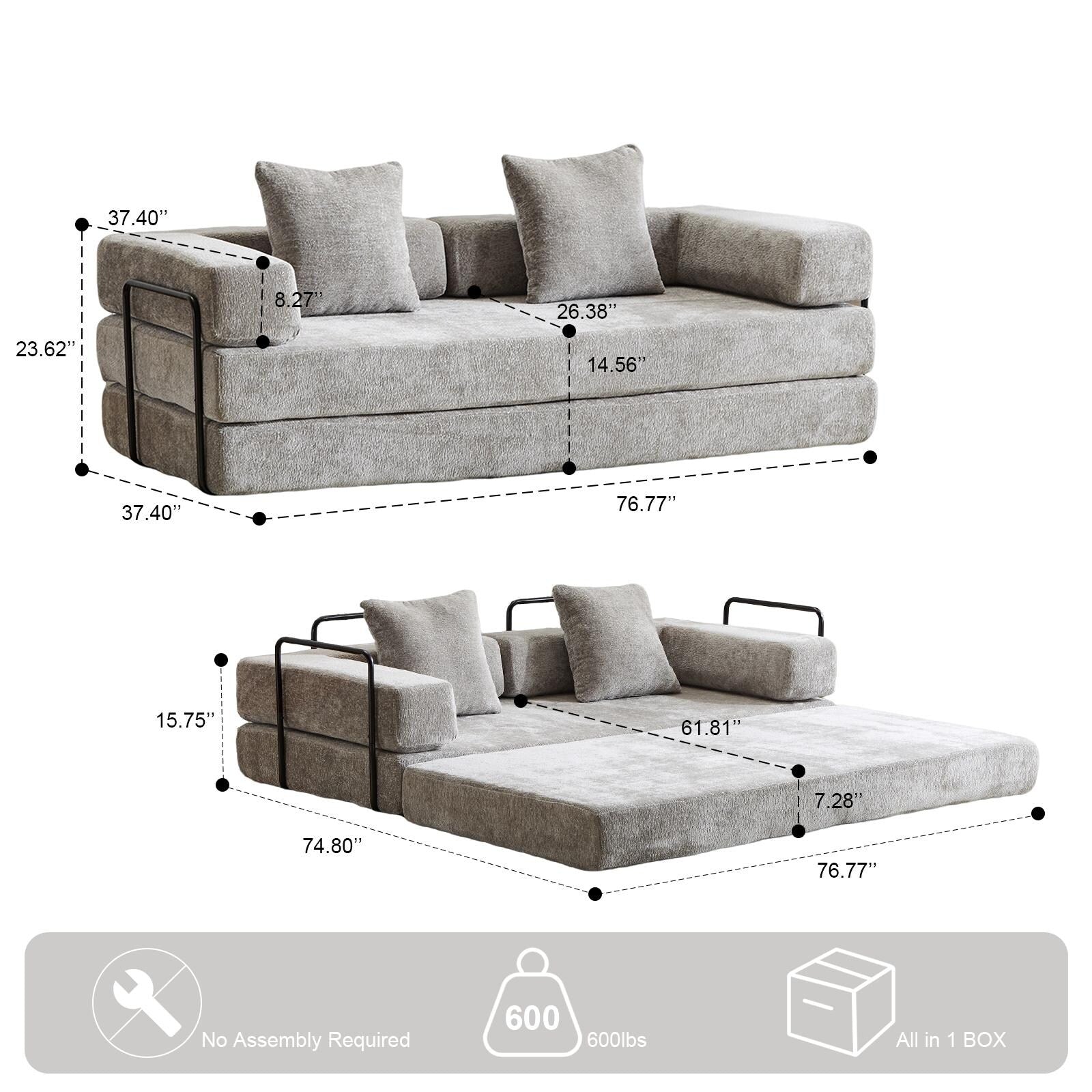 Convertible Floor Sofa Bed with Pillow Back Chenille Fabric for Living Room Bedroom