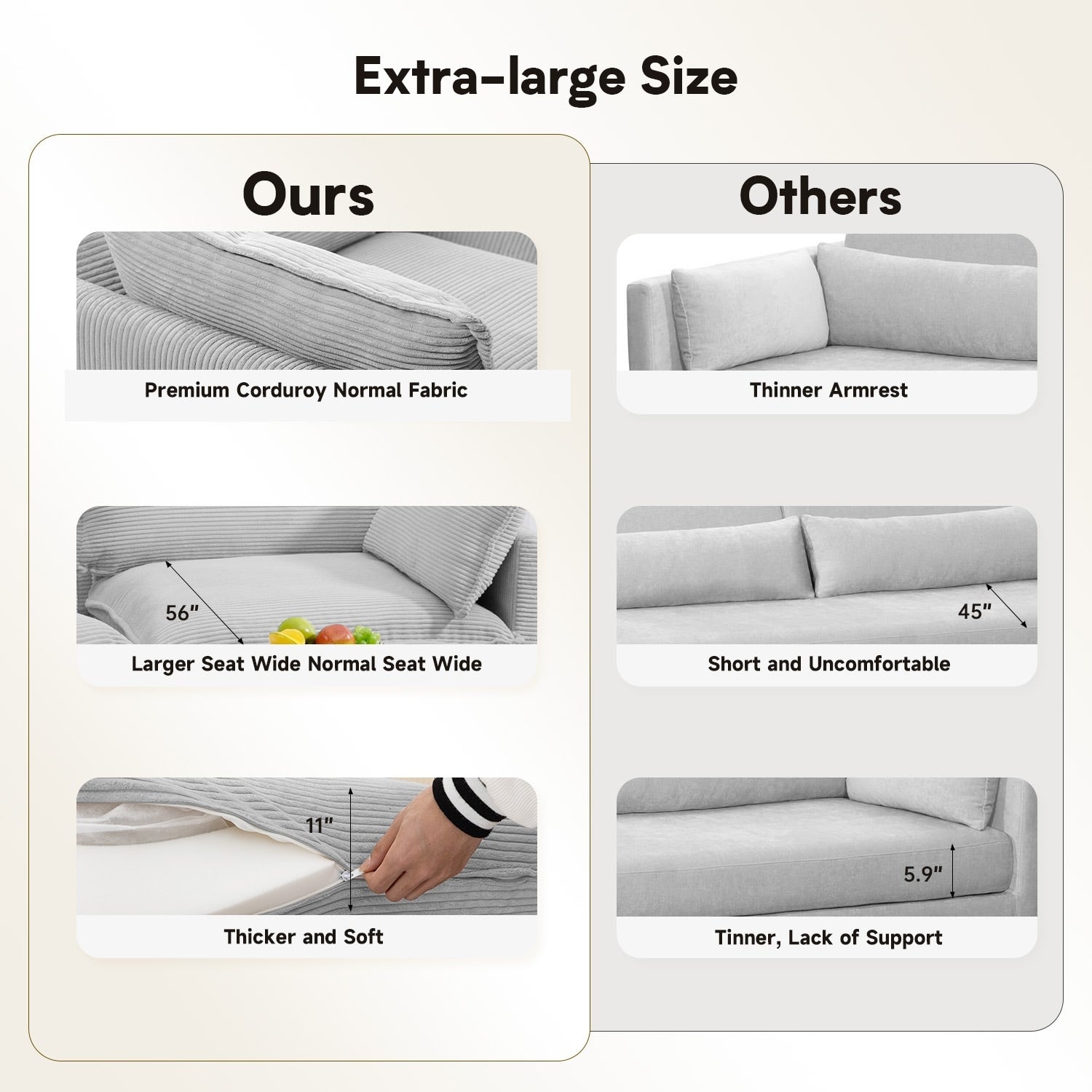 Corduroy Sectional Sofa with Removable Ottomans & Ultra-soft Cushions for Living Room & Bedroom