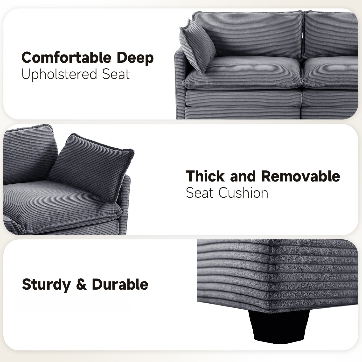 Corduroy Sectional Sofa with Removable Ottomans & Ultra-soft Cushions for Living Room & Bedroom