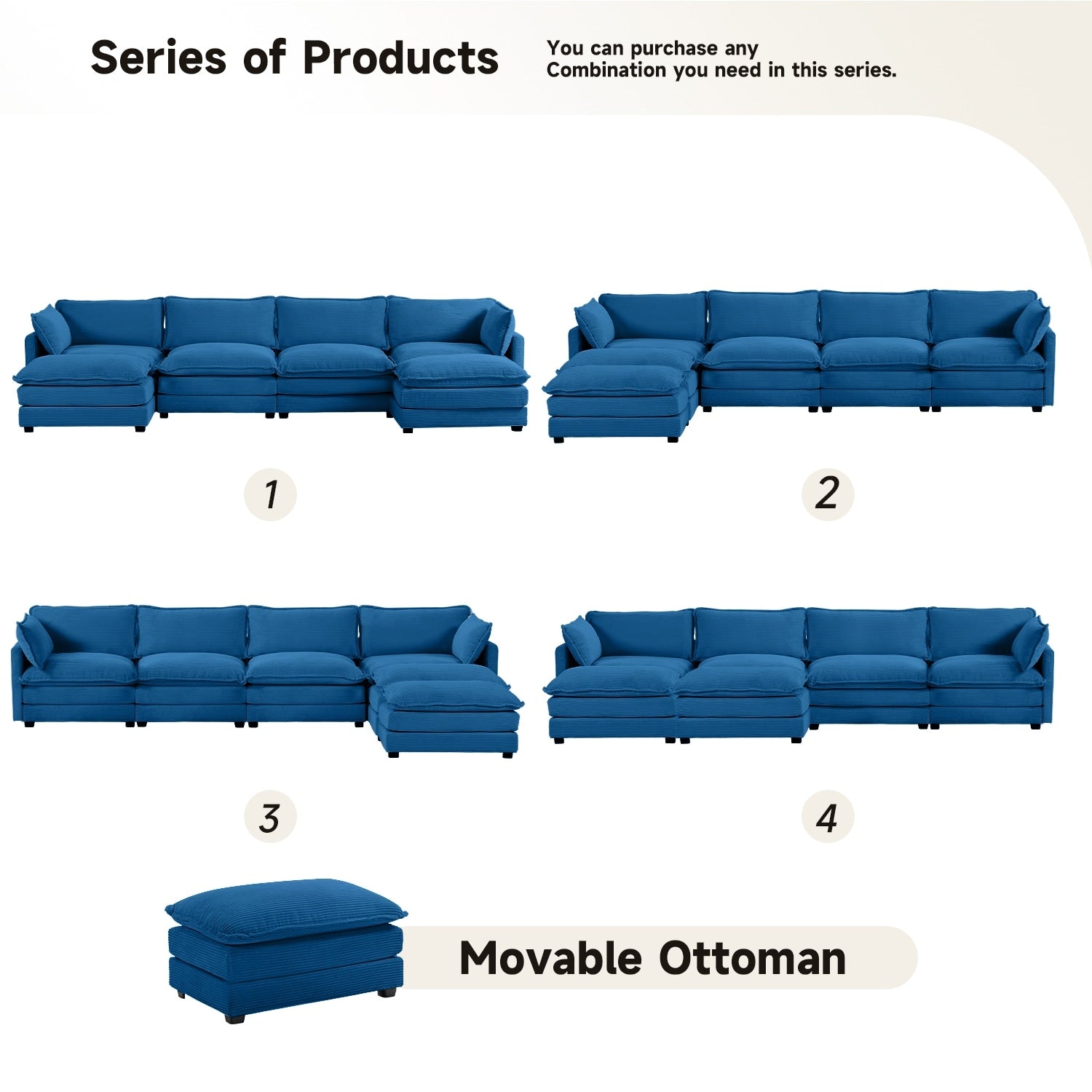 Corduroy Sectional Sofa with Removable Ottomans & Ultra-soft Cushions for Living Room & Bedroom