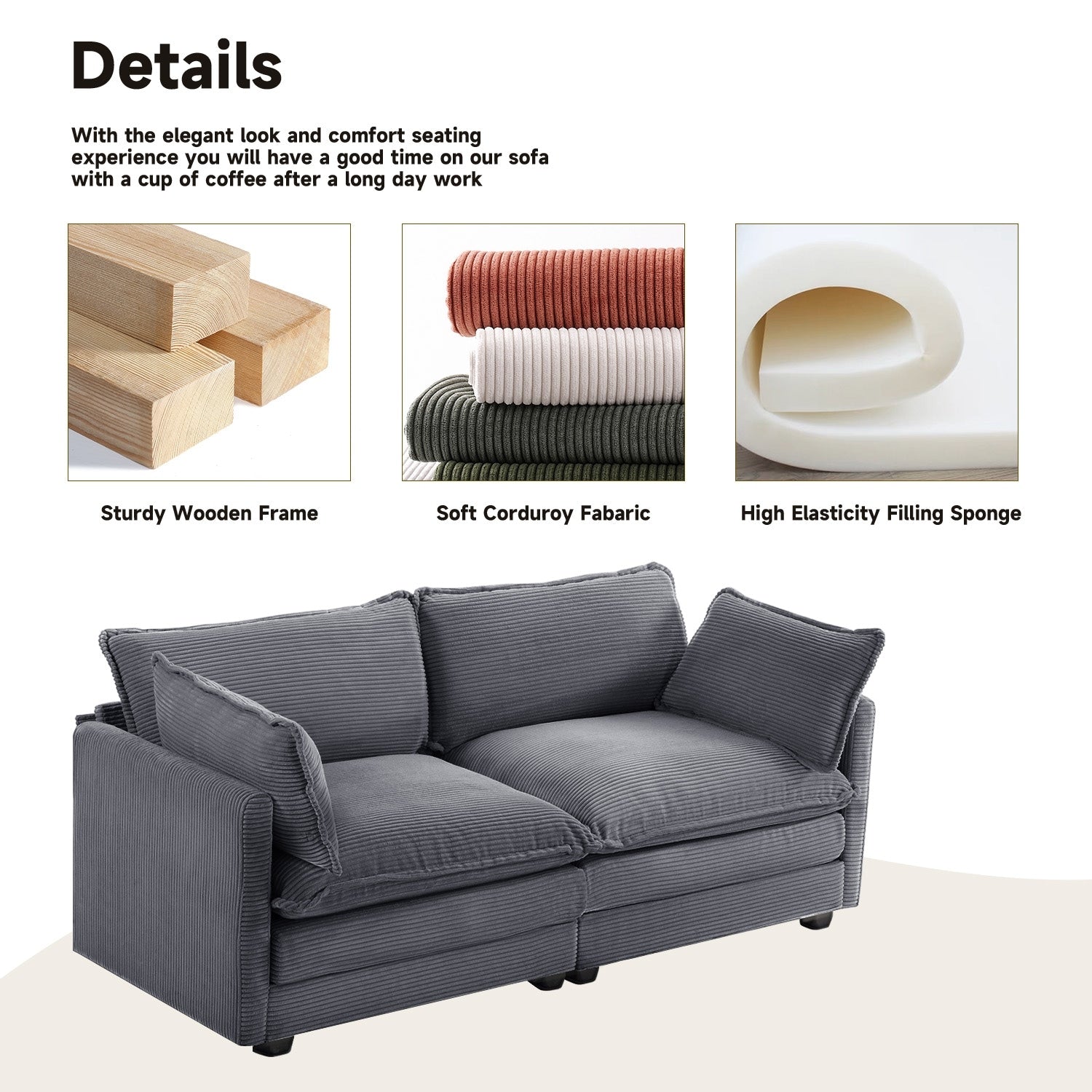 Corduroy Sectional Sofa with Removable Ottomans & Ultra-soft Cushions for Living Room & Bedroom