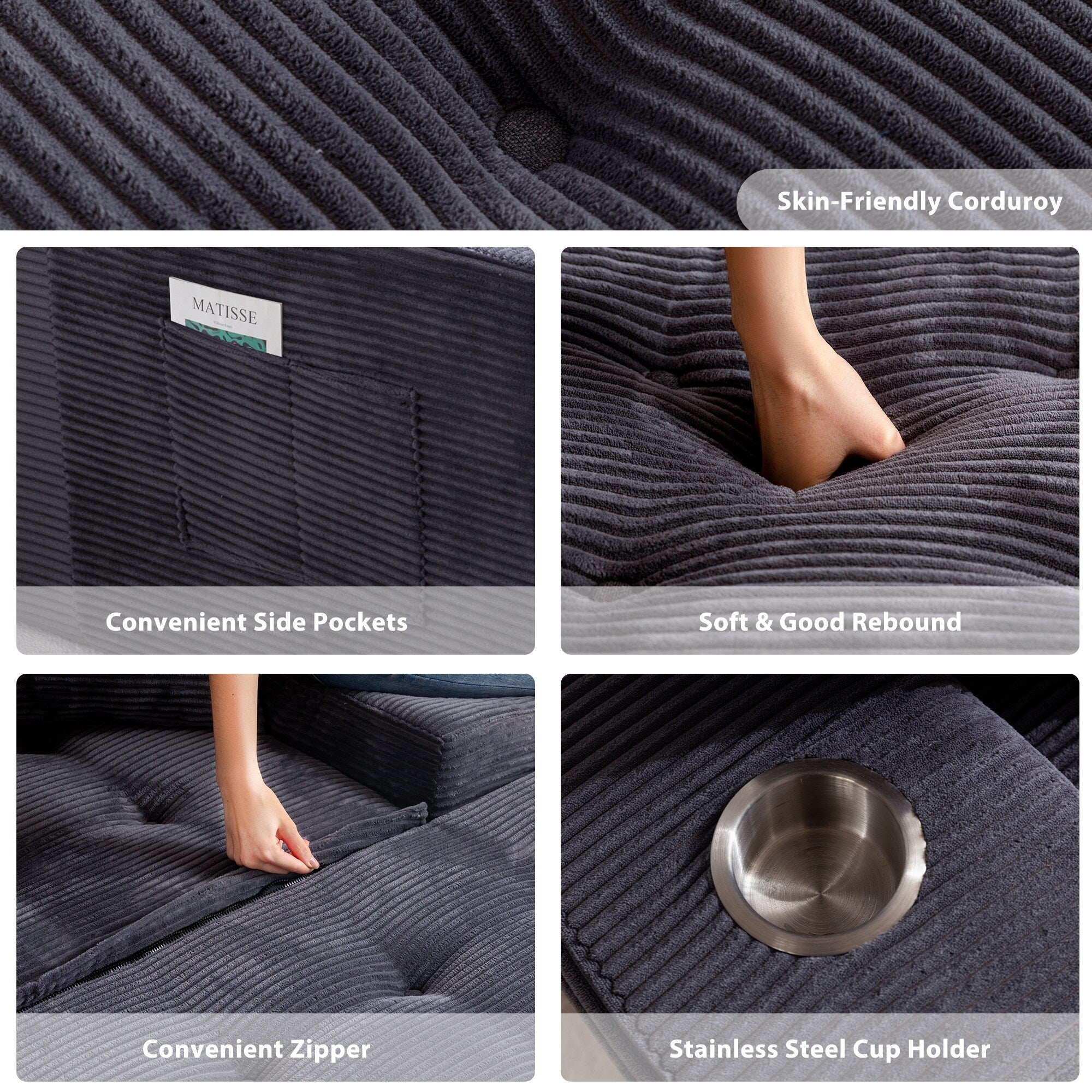 Corduroy Upholstered Memory Foam Sofa With Ottoman Upholstered Bean Bag Couch - 48.4Lx67.7Wx24.4H