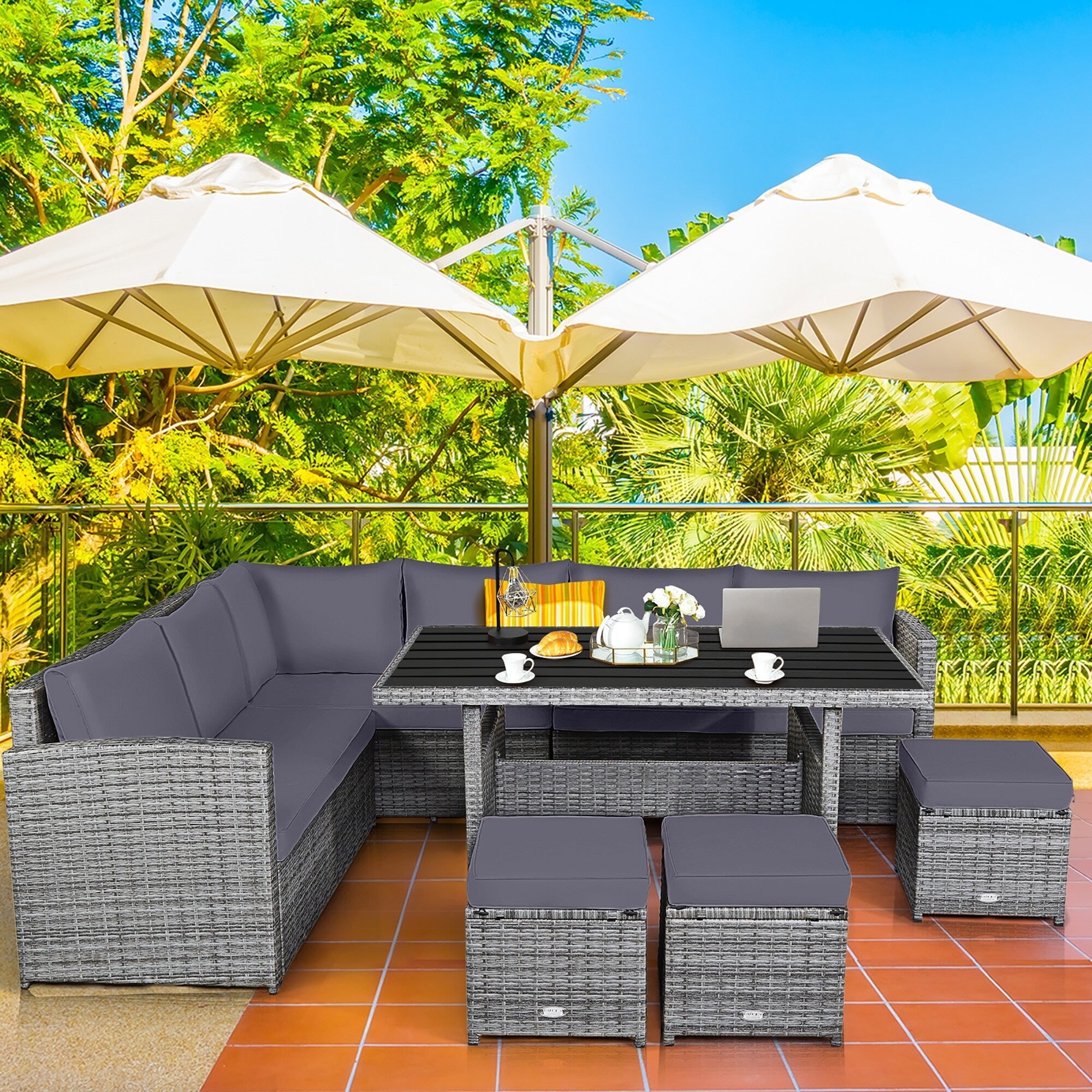 Costway 7 PCS Patio Rattan Dining Set Sectional Sofa Couch Ottoman - See Details