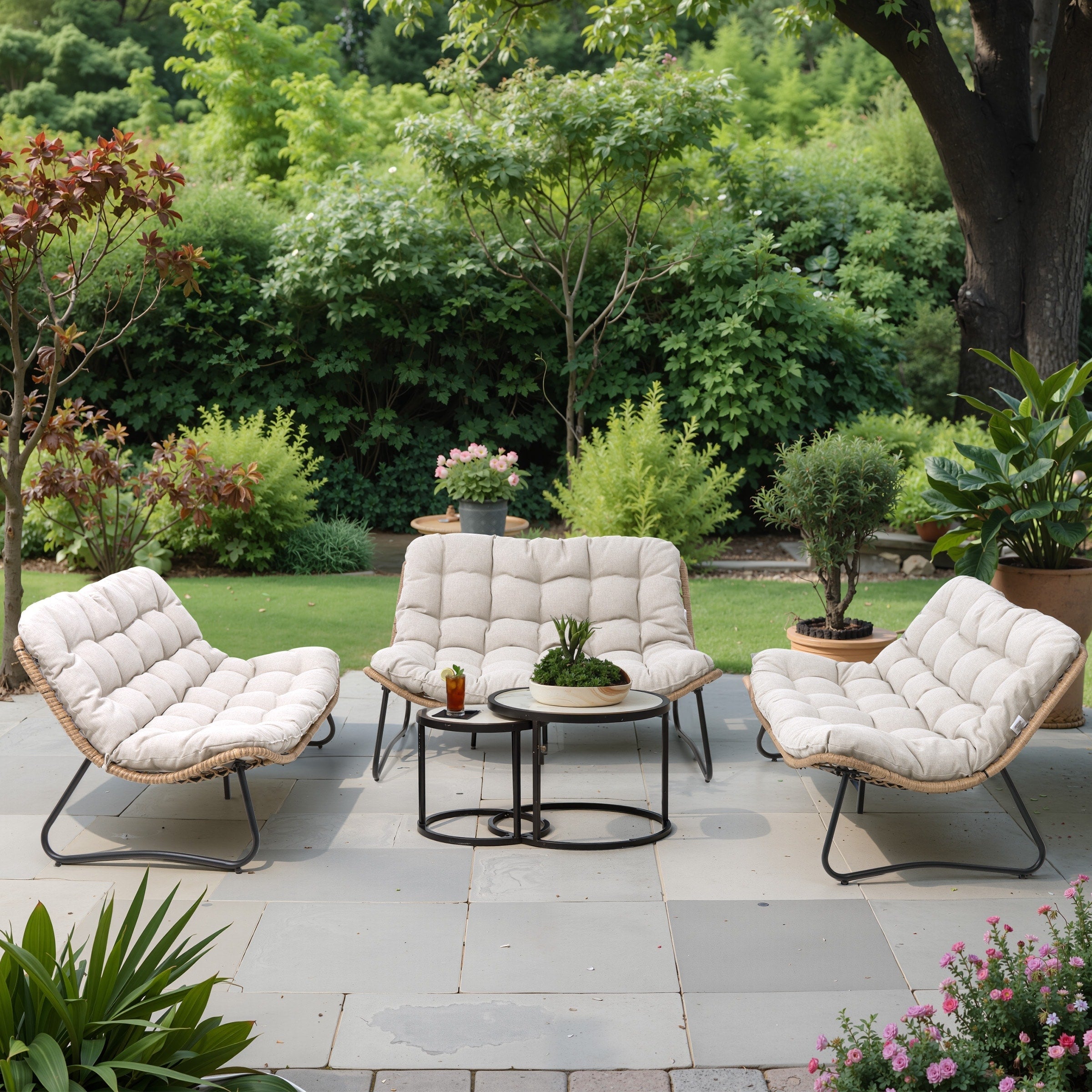 Double Papasan Chair Loveseat with Cushion, All-weather PE Rattan and Metal Frame for Indoor Outdoor