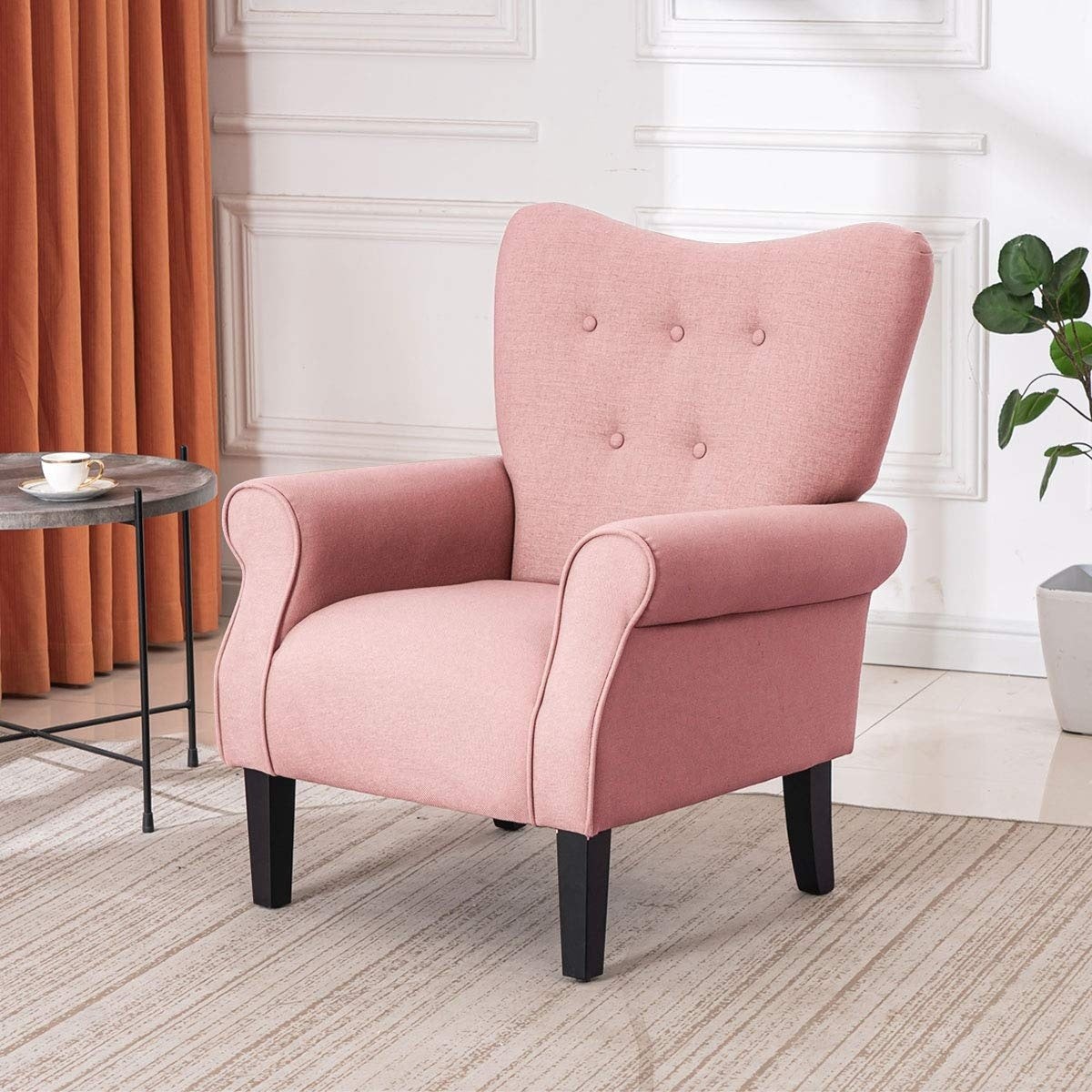 Erommy Modern Accent Chair, High Back Armchair, Upholstered Fabric Button Single Sofa with Wooden Legs for Living Room