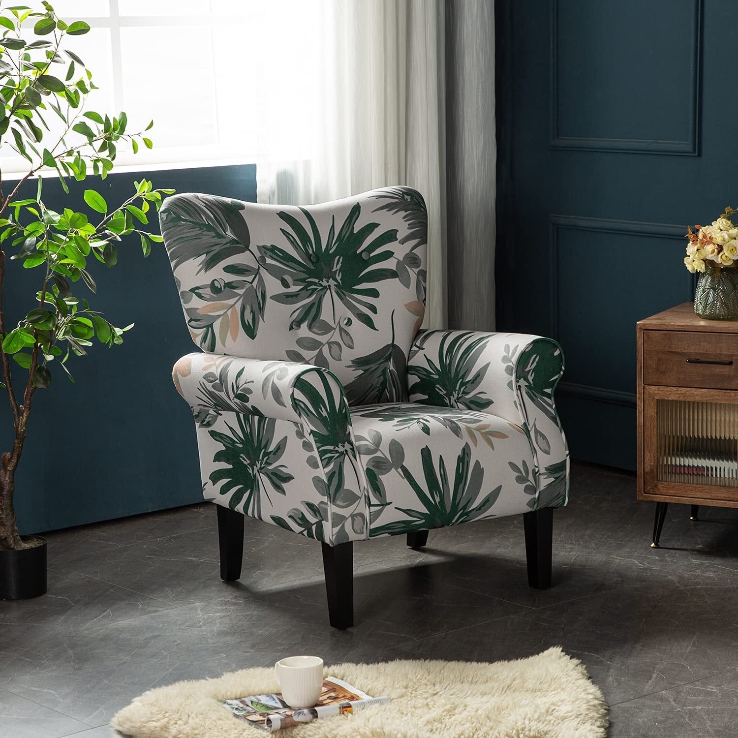 Erommy Modern Accent Chair, High Back Armchair, Upholstered Fabric Button Single Sofa with Wooden Legs for Living Room