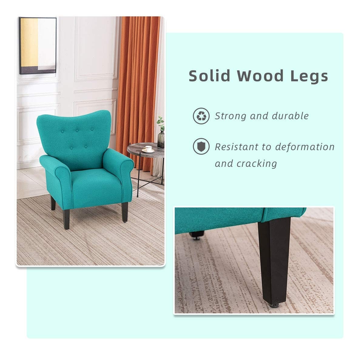 Erommy Modern Accent Chair, High Back Armchair, Upholstered Fabric Button Single Sofa with Wooden Legs for Living Room