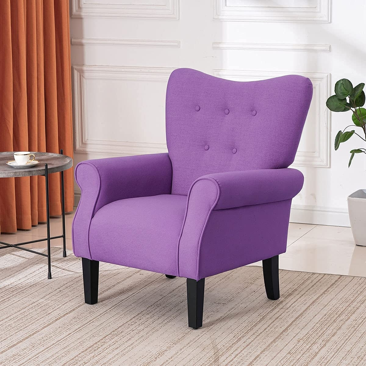 Erommy Modern Accent Chair, High Back Armchair, Upholstered Fabric Button Single Sofa with Wooden Legs for Living Room